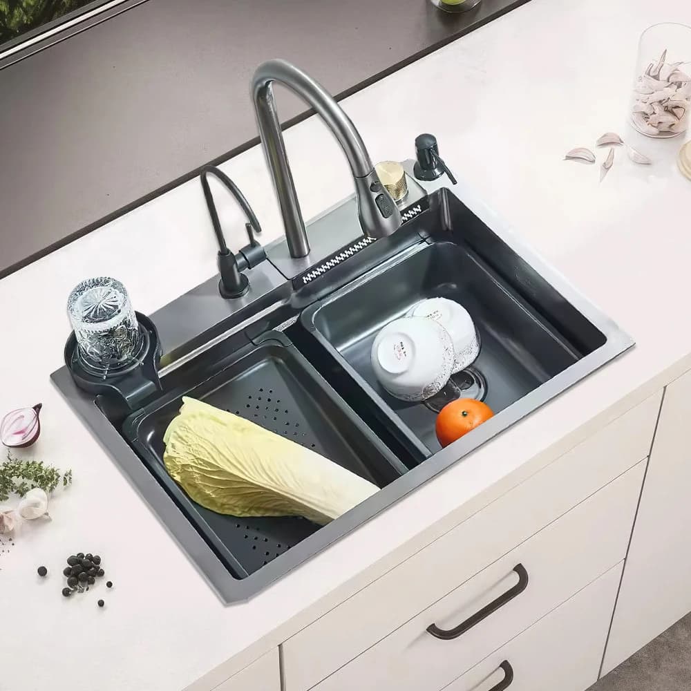 304 Stainless Steel Waterfall Kitchen Sink Large Single Slot Integrated Digital Display Faucet Set Soap Dispenser Cup Washer