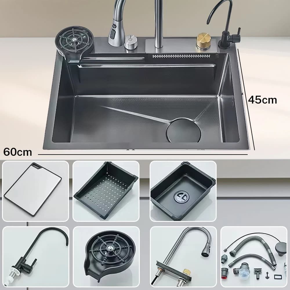 304 Stainless Steel Waterfall Kitchen Sink 60x45 Large Single Slot Integrated DigitalDisplay Faucet Set Soap Dispenser Cup Washer