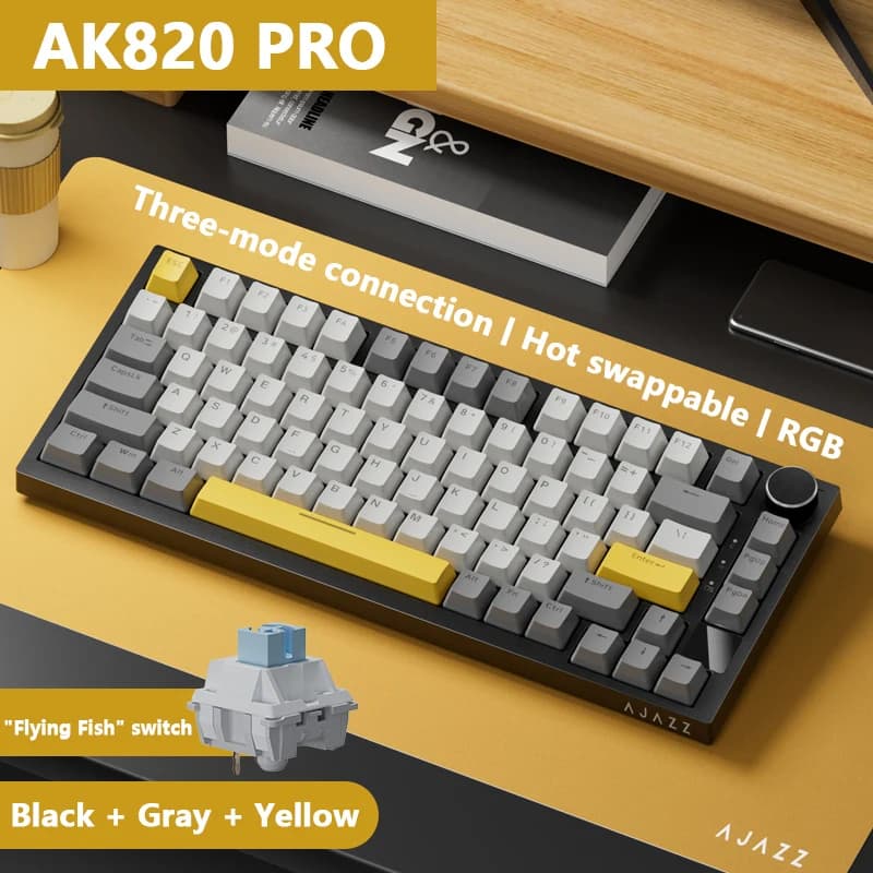 AJAZZ AK820 PRO With Screen Wireless Mechanical Gaming Keyboard Hot Swappable RGB Gaming Keyboard with Gasket Design 2.4G/Bluetooth/USB-C
