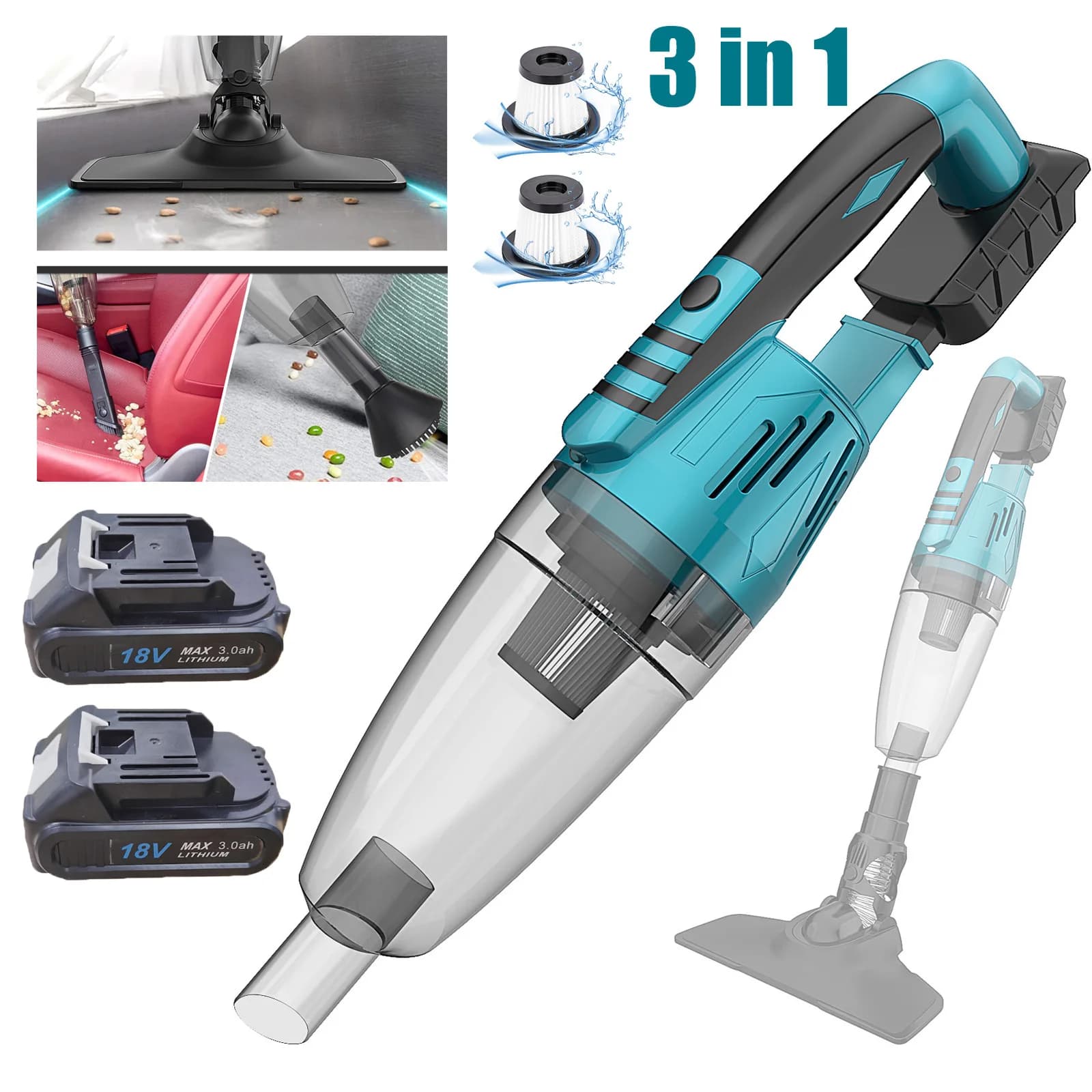 18V Cordless Handheld Vacuum Cleaner with 2 Pack 3000mAh Battery, Multi Nozzles & Washable HEPA Filter, Portable Stick Vacuum Wet Dry Dual Use for Car Home Pet Hair Carpet Floor