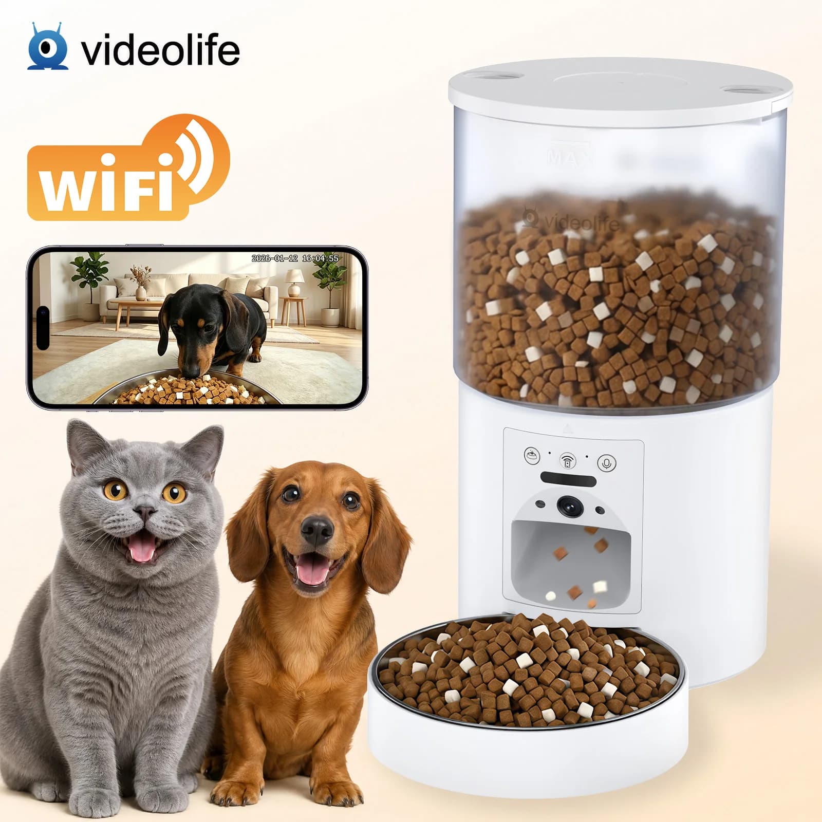 Videolife Smart Automatic Pet Feeder with FHD Camera 4L Large Capacity App Remote Control Scheduled Feeding History for Cats Dogs