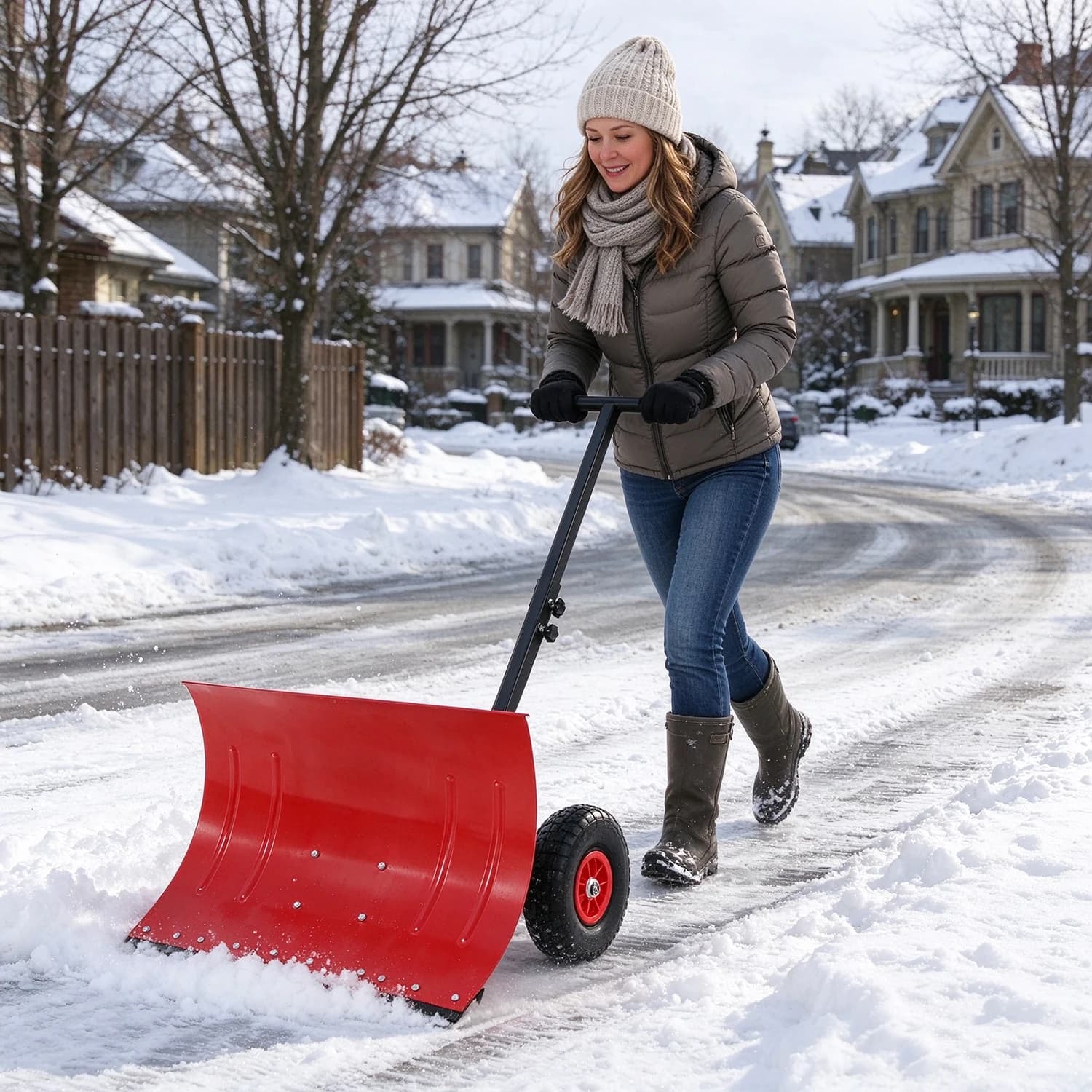HiMISS Snow Shovel with Wheels, Single Handle Metal Snow Plow Shovel with 5-Position Angled Blade, Ergonomic Handle & Rubber Wheels, Ideal for Sidewalk, Doorway, 42x74cm/50x74cm