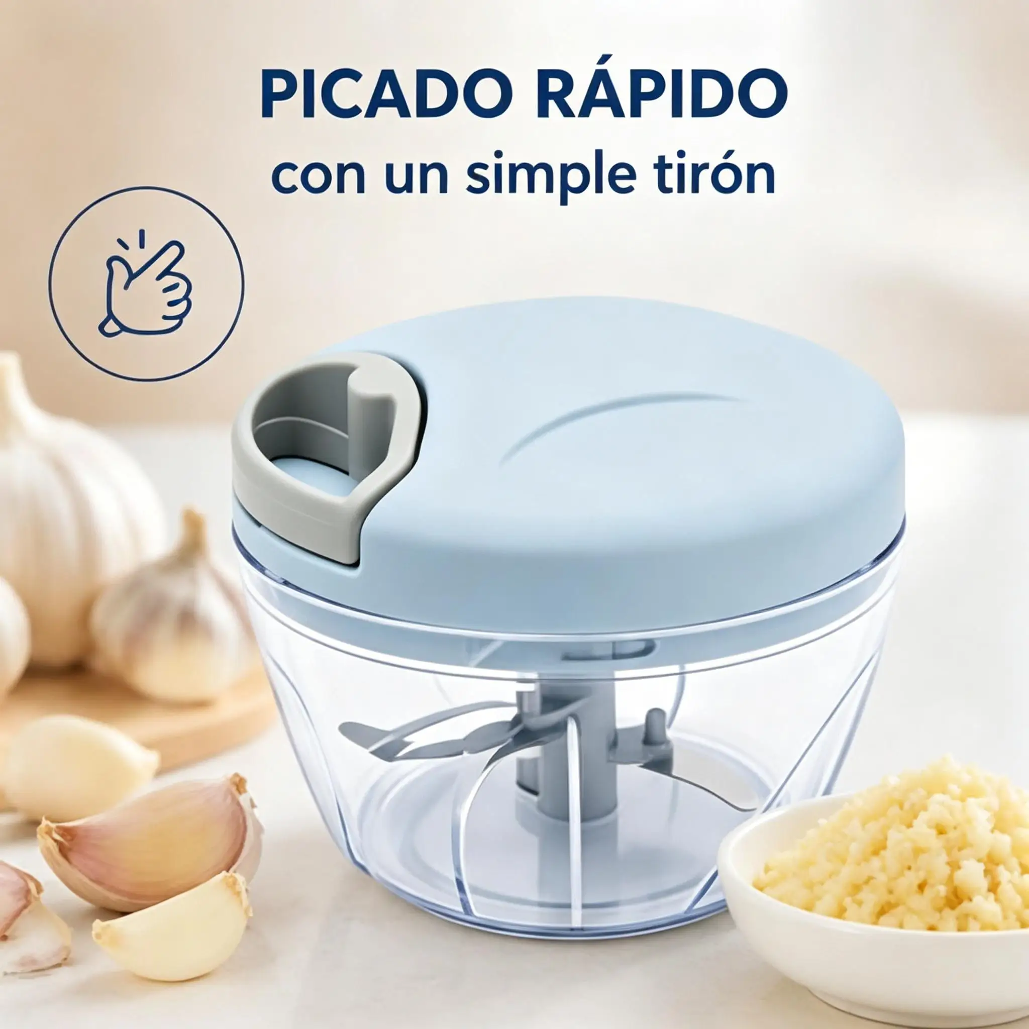 Manual Rope Chopper 12.5X9Cm Without Electricity, Sharp Stainless Steel Blades, Bpa-Free Transparent Cup, Chops Garlic, Onion, Ginger, Herbs, Detachable, Dishwasher Safe, Compact, Ideal for Small Kitchens, Children's Stews and Purees.