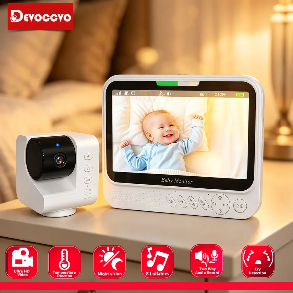 Wireless 1080P HD Baby Monitor 7 Inch Screen Security Camera Indoor Home Night Vision Two Way Audio 8 Lullabies No WiFi 5000mAh Battery Long Range Video Monitoring Cam