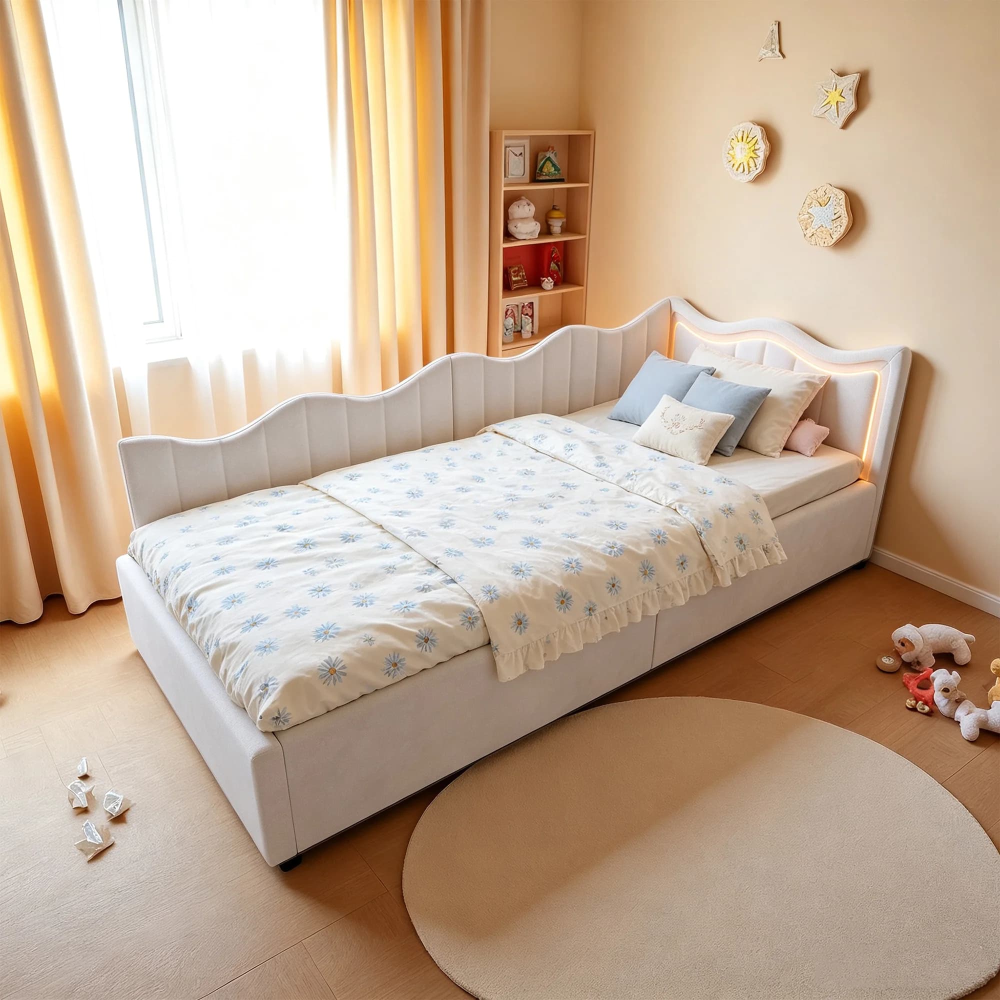 Anajqaqia Upholstered Bed Sofa Bed 90x200cm with Storage Space,Hydraulic Storage Bed,Children's Bed Day Bed with Slatted Frame,Single Bed,Youth Bed,Velvet,Off-white