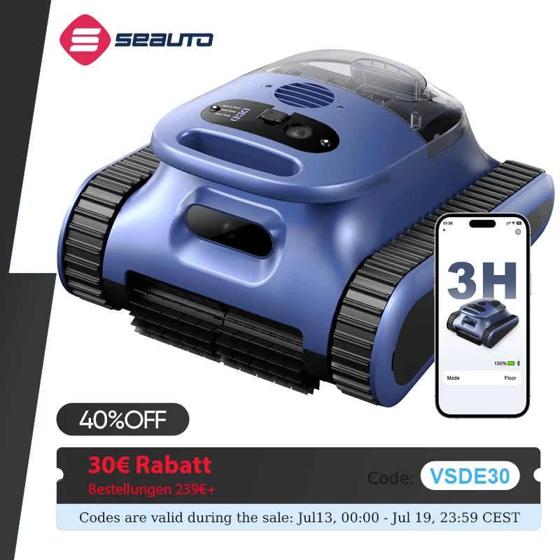 Seauto Robotic Pool Vacuum, 180 Mins Runtime, Wall-Climbing, Suitable for Walls and Floors of 2000 Square Feet
