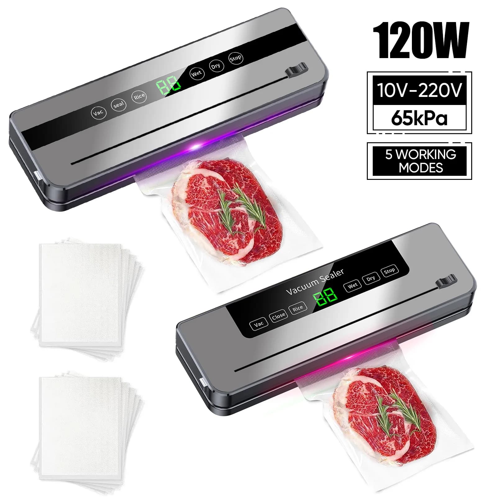 220V Food Vacuum Sealer Machine 5 Modes Dry and Wet Automatic Vacuum Sealer With 10Pcs Bags Home Kitchen Food Preservation
