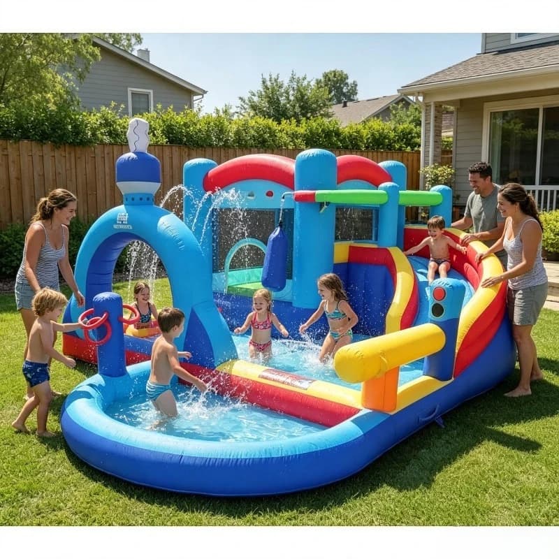 Inflatable Castle Bouncy castle with water slide, jumping area, paddling pool, water cannons, punching bag, ring toss game (without blower)