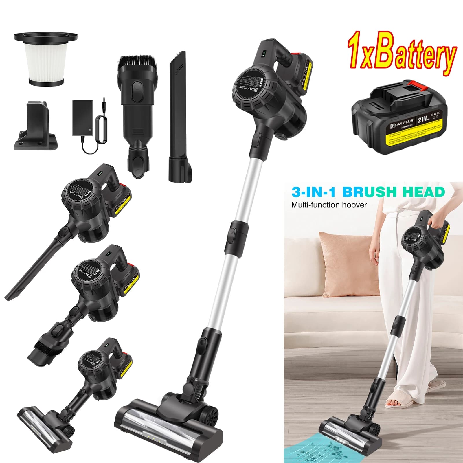 3 in 1 Cordless Vacuum Cleaner with 1 X 3.0AH Battery 65 Minutes Runtime 15000Pa Powerful Suction 2 Speed Adjustable Stick Vacuum HEPA Filter 140W for Pet Hair Carpet Hard Floor Car Home Dry Vacuum