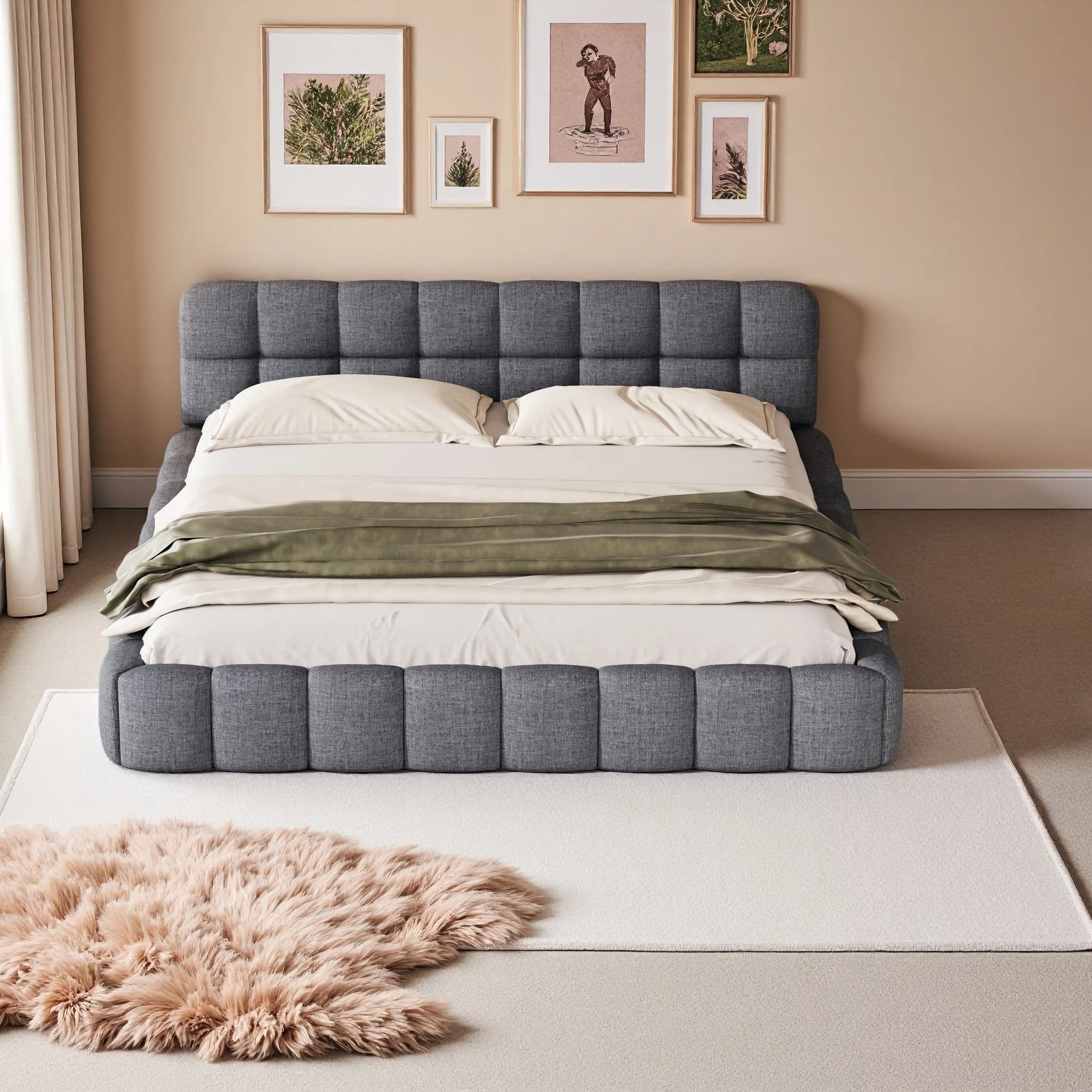 Creahappy, 140×190 cm Bubble Bed, Upholstered Bed, Adult Bed, Teen Bed, Home Double Bed, Bedroom King-Size Bed, Home Bed, Bed And Breakfast Bed, Linen Fabric, Gray, Mattress Not Included