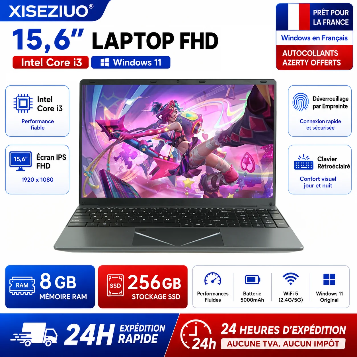 15.6-inch Full HD IPS Laptop with Intel Core i3, Windows 11 Pro, 16 GB RAM, 512 GB SSD, Wi‑Fi 5, Bluetooth 5.0, French keyboard, keyboard protective film, fingerprint reader, lightweight laptop for students, work, and desk use, 1920x1080 display