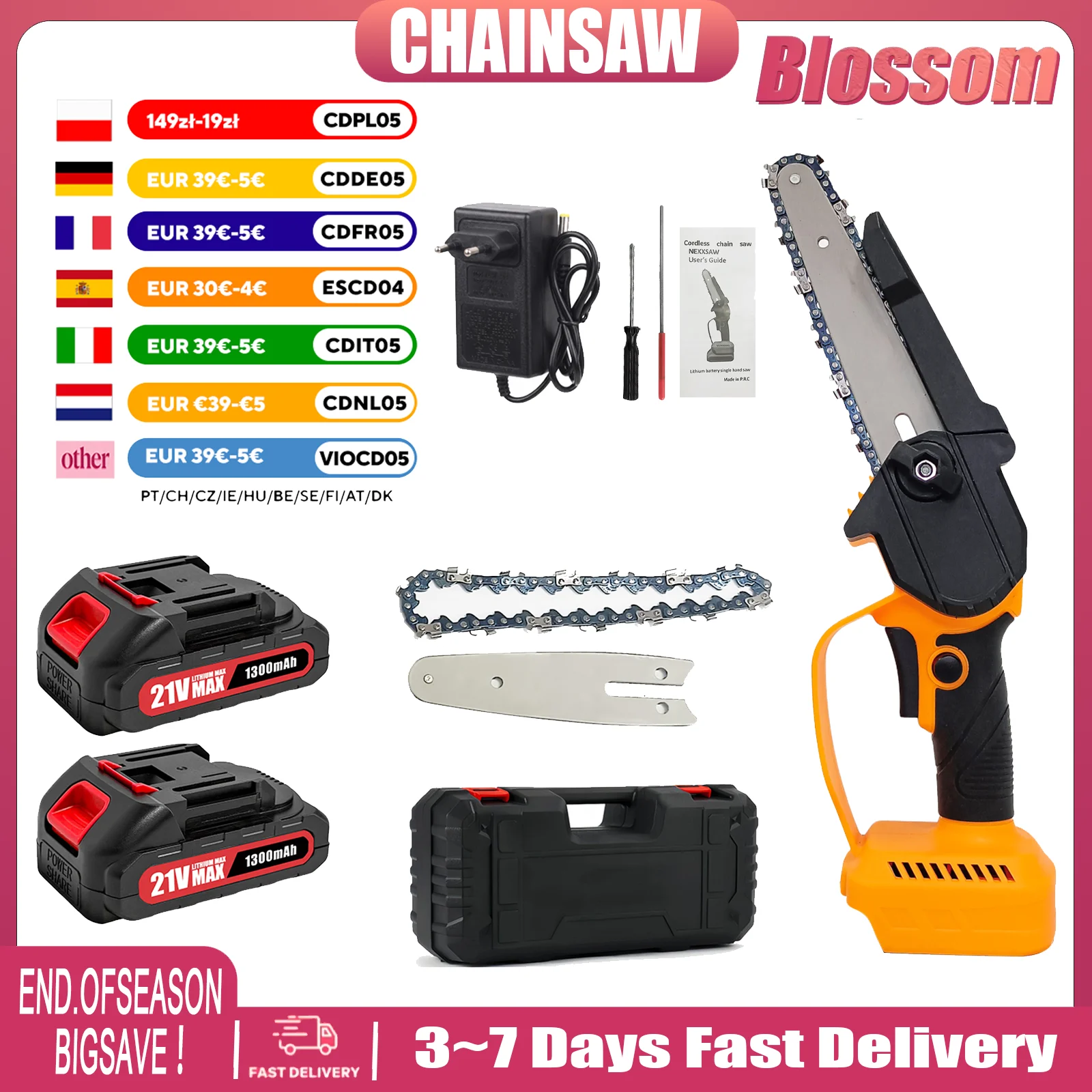Blossom Cordless Mini Chainsaw 21V 6 Inch 600W High Power Electric Chain Saw With 2PCS 1300mAh Lithium Battery Fast Charger Portable One Hand Handheld Saw For Garden Pruning Wood Cutting Household DIY Woodworking Tools