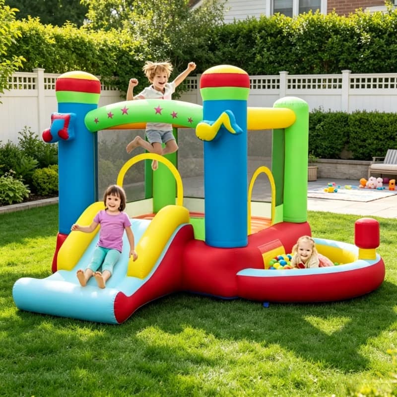 Inflatable Bounce House Kids Music-Themed Castle Sound Interaction Inflatable Bouncer without BlowerSafe bouncy play space for kids, interactive sound design adds fun to indoor and outdoor entertainment.