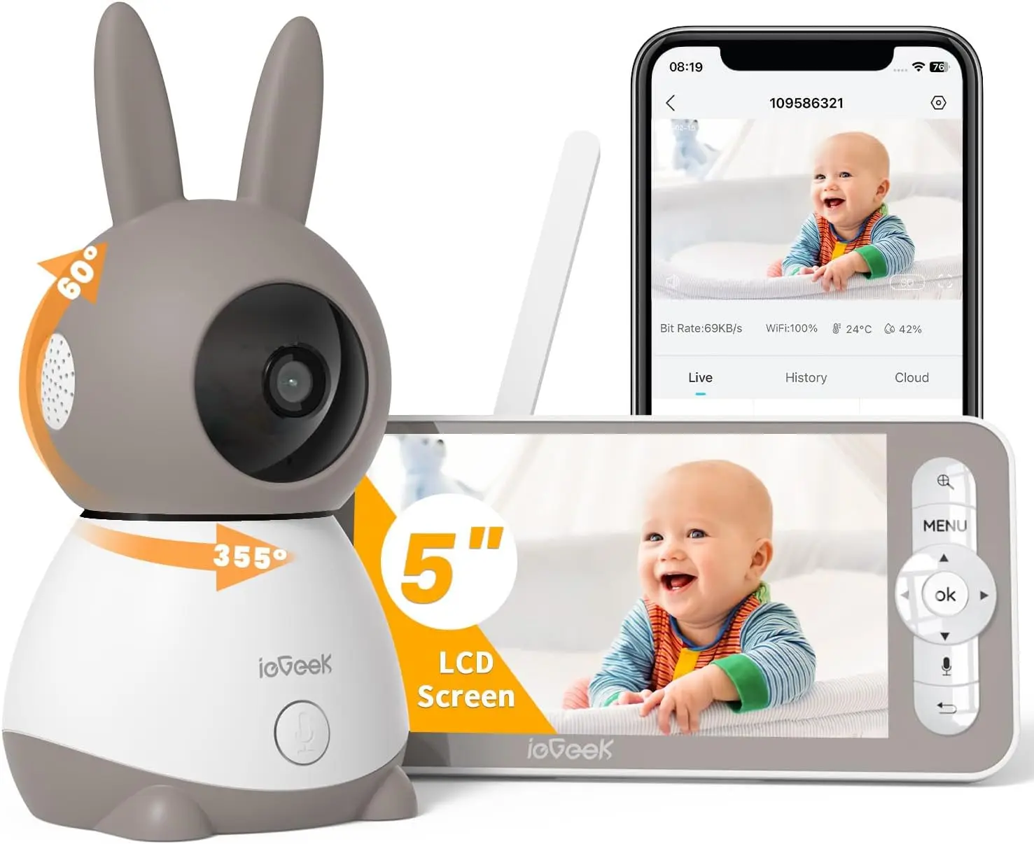 IeGeek 2K 2.4Ghz WiFi Baby Monitor with 5' Split Screen, 360° PTZ Camera | Night Vision, App & Screen Control, 3000mAh Battery