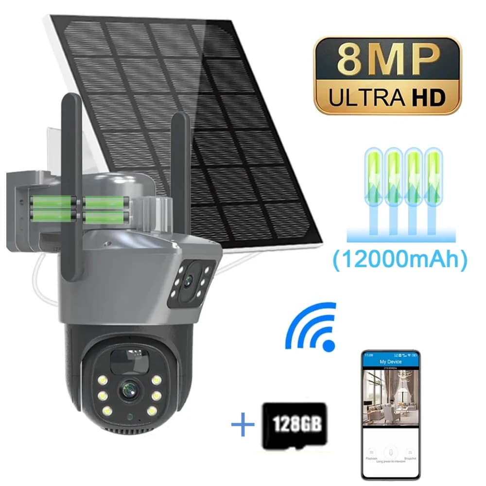4K 8MP Dual Screen Solar Camera Outdoor Wireless WiFi PTZ Dual Lens Security Protection Auto Tracking CCTV Cameras