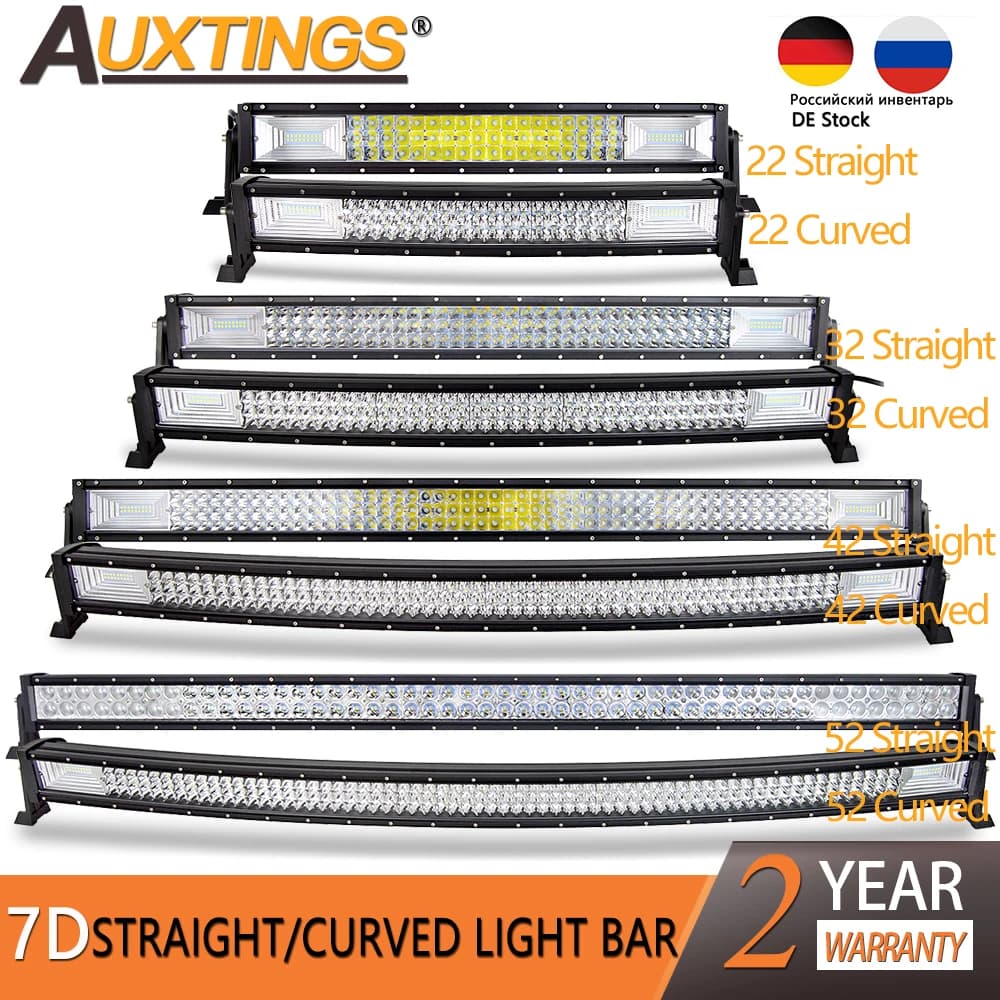Auxtings 7D Straight/Curved Led Light Bar 22" 32" 42" 52" Work Light Tri-Row 4x4 Truck ATV Car Roof Offroad Driving Light Bar