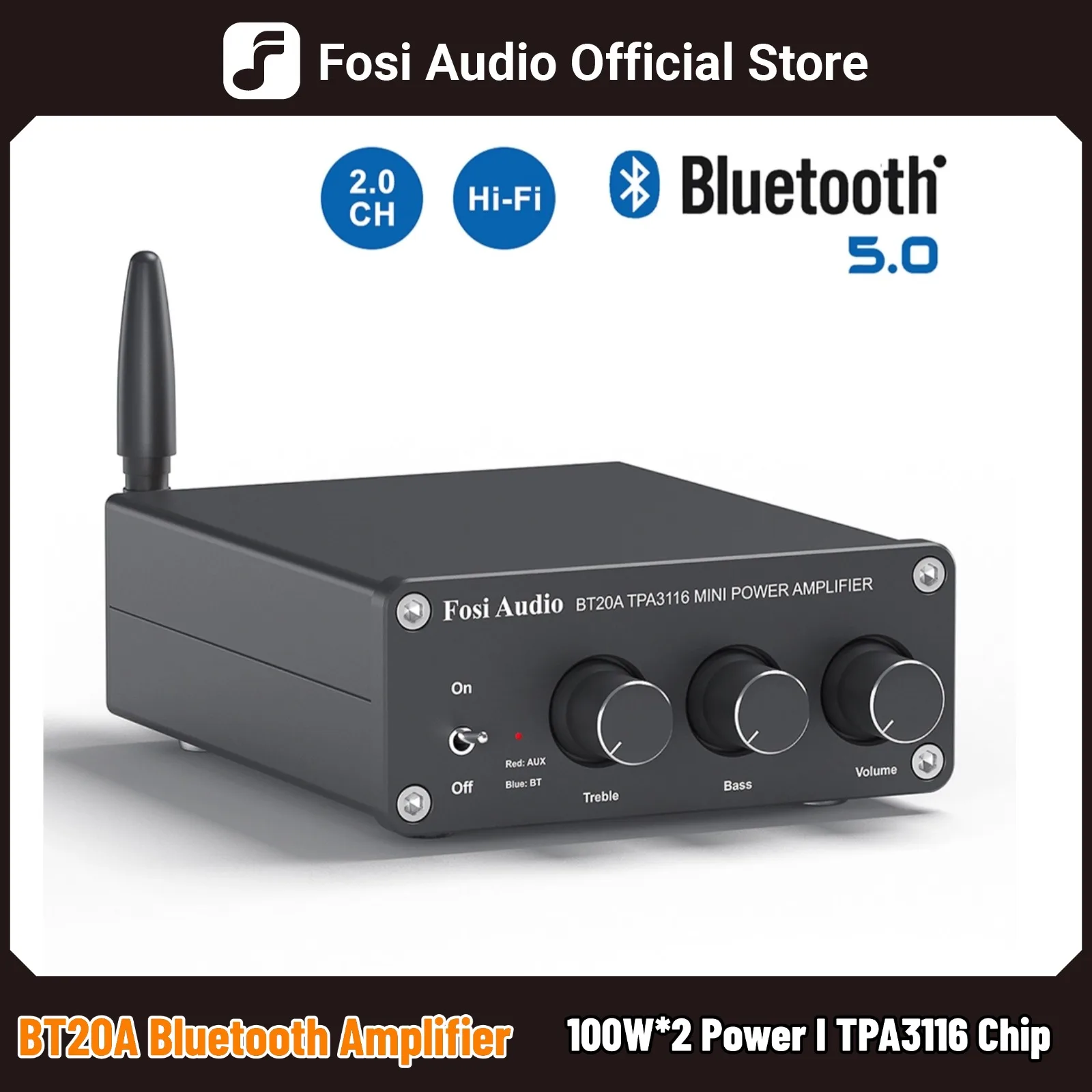 Fosi Audio BT20A Bluetooth TPA3116D2 Sound Power Amplifier 100W Mini HiFi Stereo Class D Amp Bass Treble For Home Theater