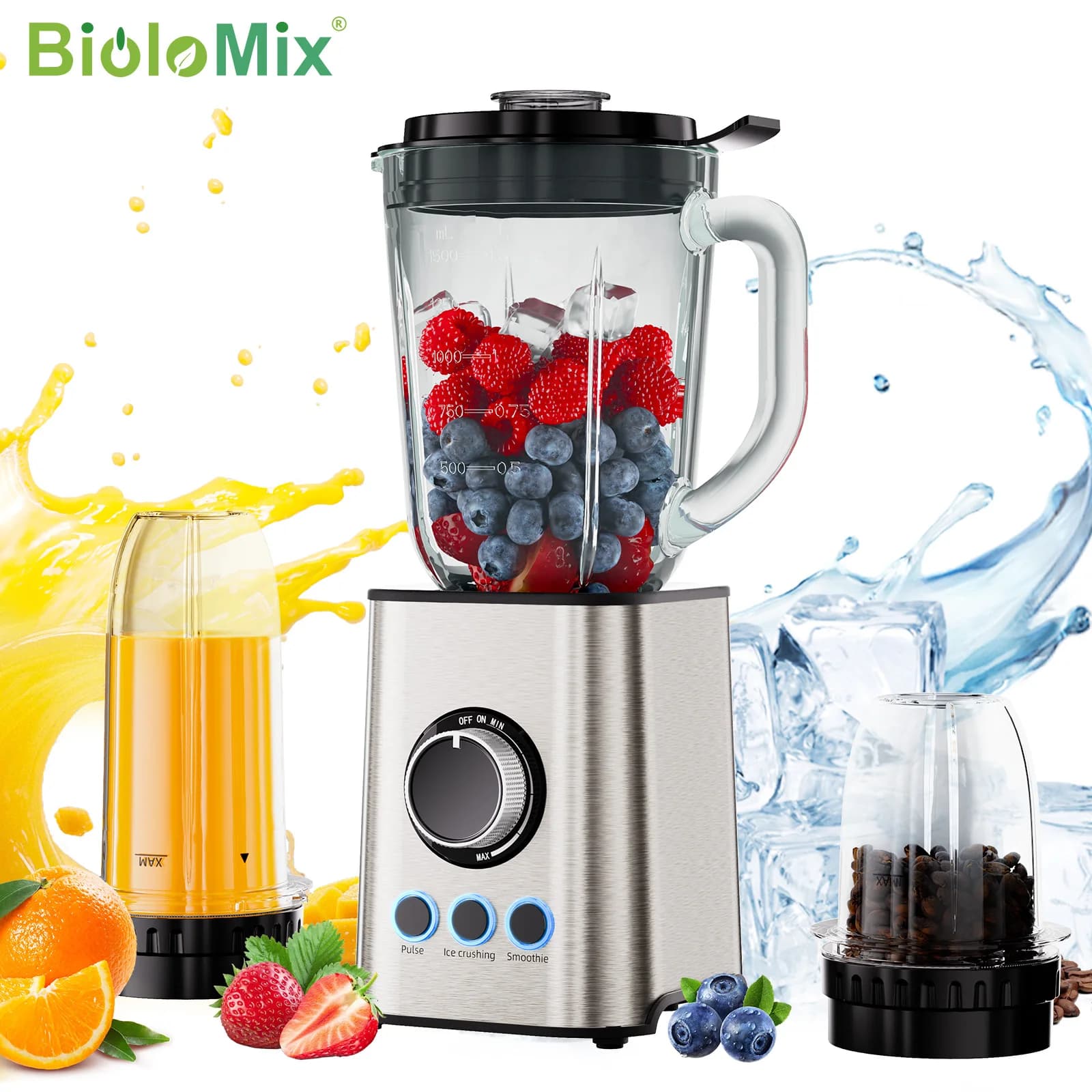 BioloMix 3-in-1 Smoothie Maker 1300W Personal Blender with Stainless Steel Blades Baby Food Grinder Juice Maker