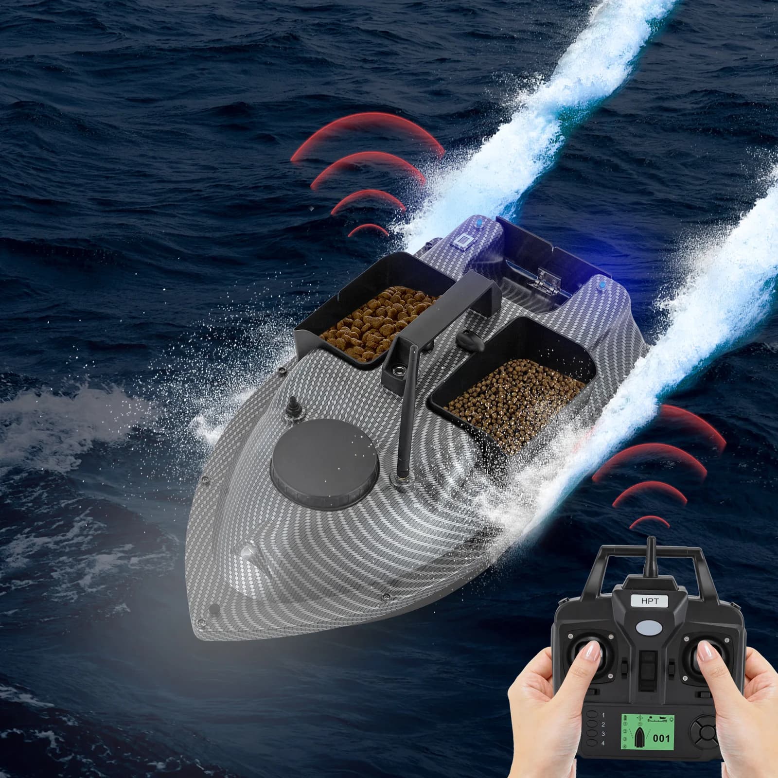 GPS Fishing Bait Boat Rechargeable Bait Boat Fish Feeder with 500m Control Automatic Cruise 16 Positioning Points 2kg Load Bait