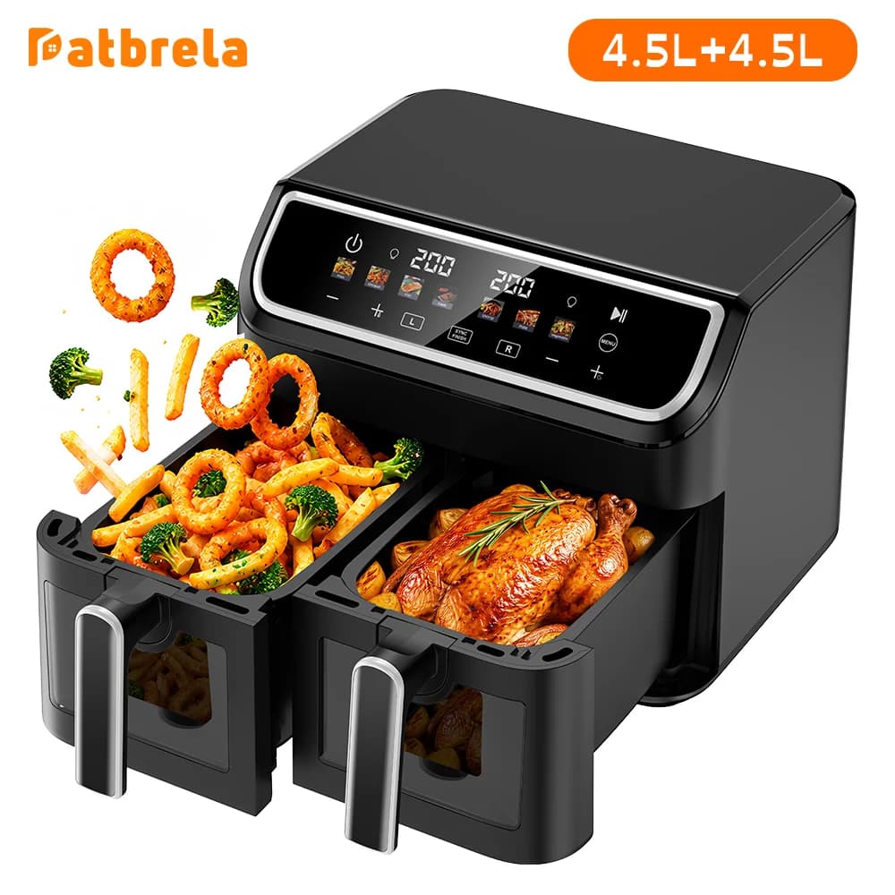 Patbrela 9L Dual Air Fryer XXL Large Capacity, Double Basket Airfryer with Independent Controls, 2000W Fast Cooking, Multi Function Oil-Free Healthy Fryer with Digital Touchscreen