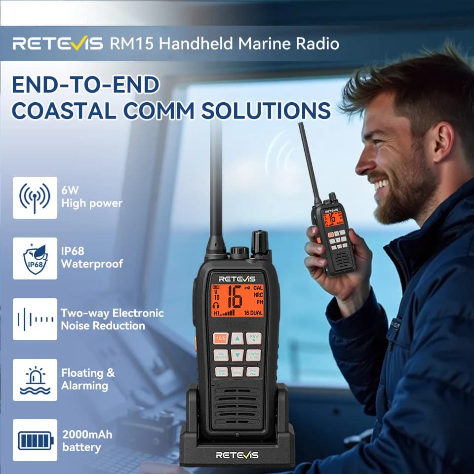 Retevis RM15 IP68 Waterproof Marine VHF Radio Transceiver Floating Alarming 2000mAh Long Range for Boating Kayak Ship From Spain