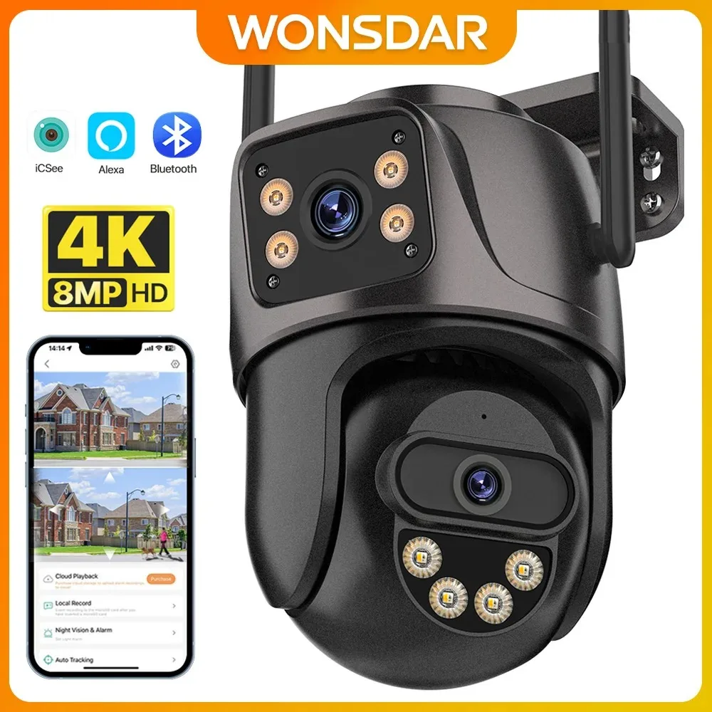 WONSDAR 4K PTZ WIFI Camera Dual Lens Dual Screen IP Camera Outdoor HD Auto Tracking Security Protection CCTV Surveillance ICSee