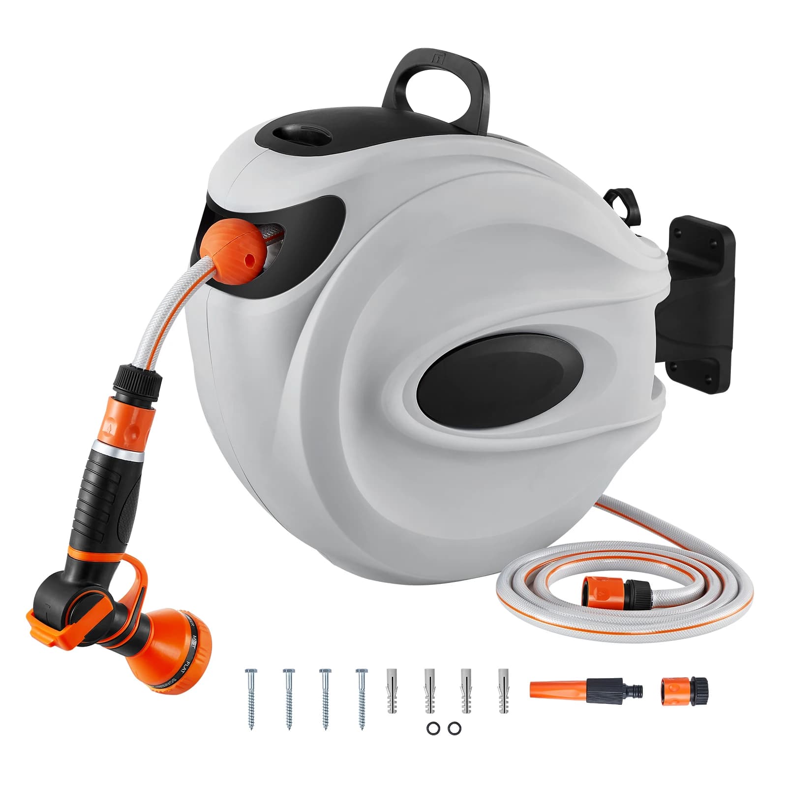 SucceBuy Retractable Hose Reel1/2 inch 180° Swivel Bracket Wall-Mounted Garden Water Hose Reel with 9-Pattern Nozzle and 3 Fast