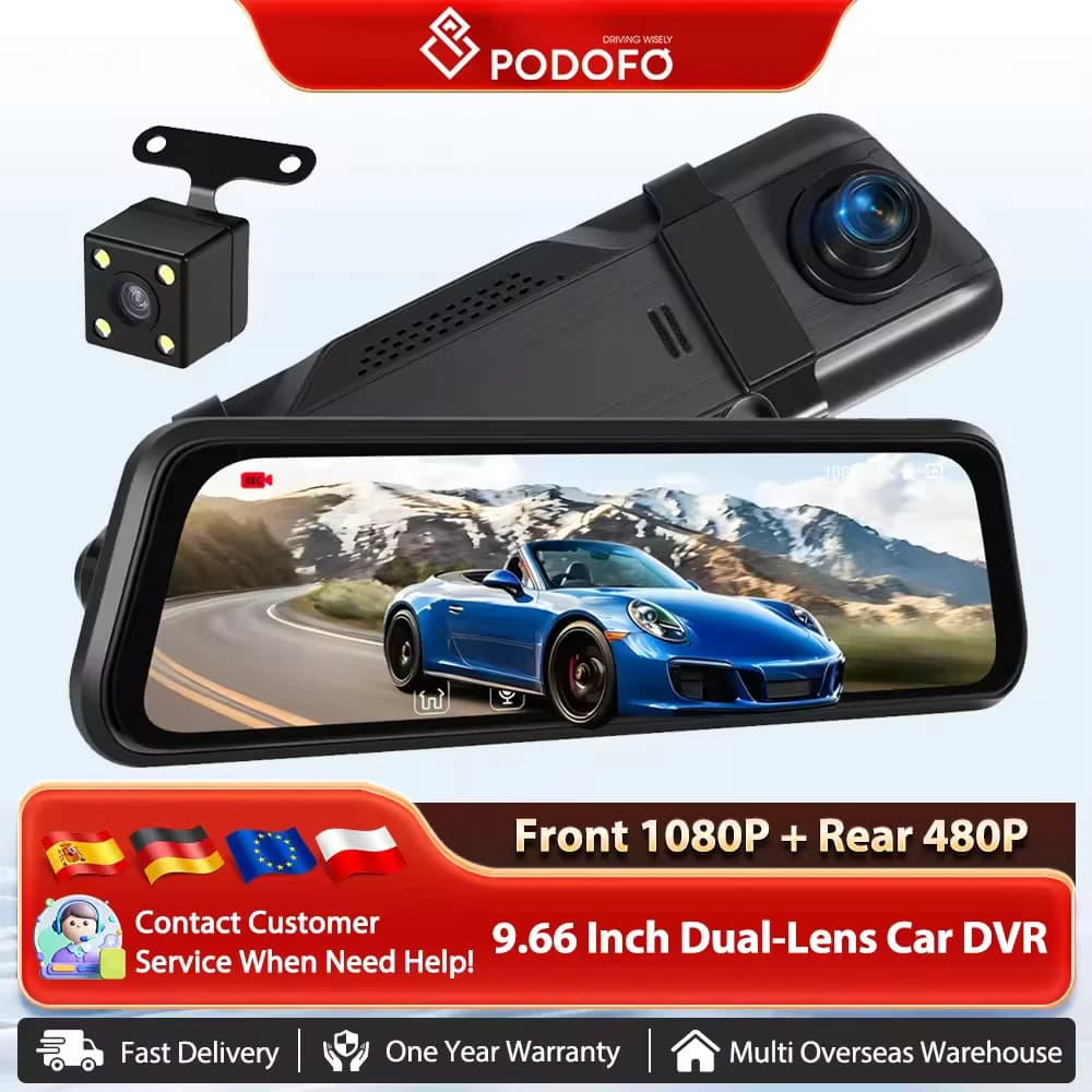 Podofo 9.66-inch Dual Lens Dash Cam Rear View Mirror Video Recorder 1080P With 480P Rear Pull Car Touch Screen Video Recorder