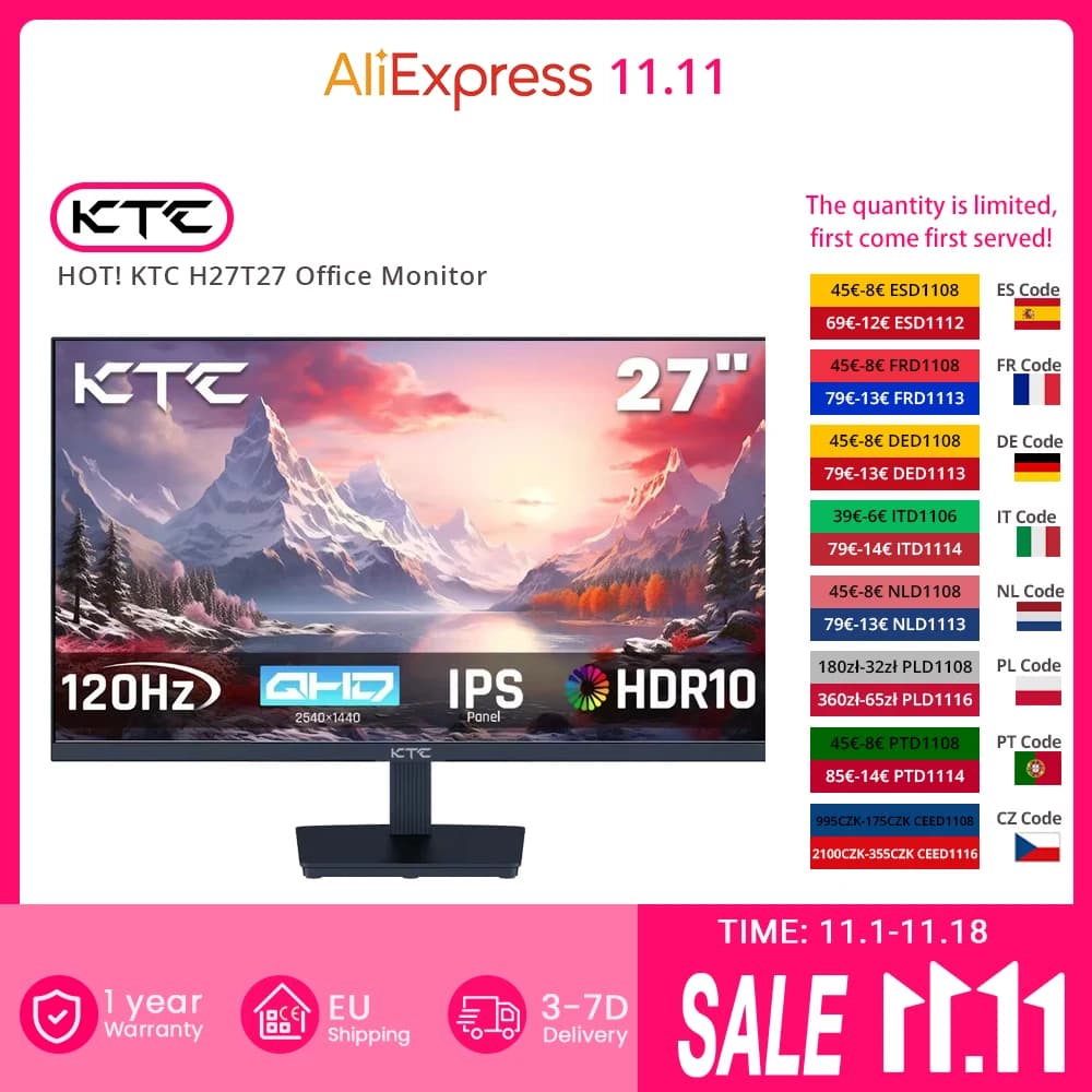 HOT! KTC H27T27 Office Monitor 27" 2560×1440 100Hz Overdrive to 120Hz 2K QHD Resolution IPS Panel HDR10 Low Blue Light Flicker-Free