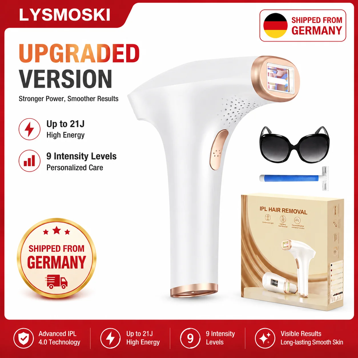 IPL Hair Removal Device, 999999 Flashes 9 Energy Levels Intense Pulsed Light Painless Long-Lasting Hair Reducer Epilator for Face Body Bikini Home Use Women Men