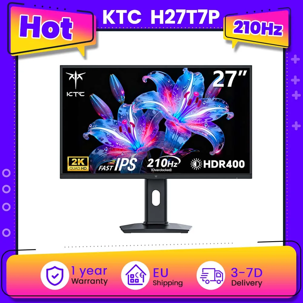 KTC H27T7P-2 Gaming Monitor27' Fast IPS 2560×1440 QHD 200Hz Overdrive to 210Hz,16:9,ELED,1.07 Billion Colors (8-bit + Hi-FRC),DC12V/4A,400 cd/m² brightness,HDR400, FreeSync and G-Sync technologies