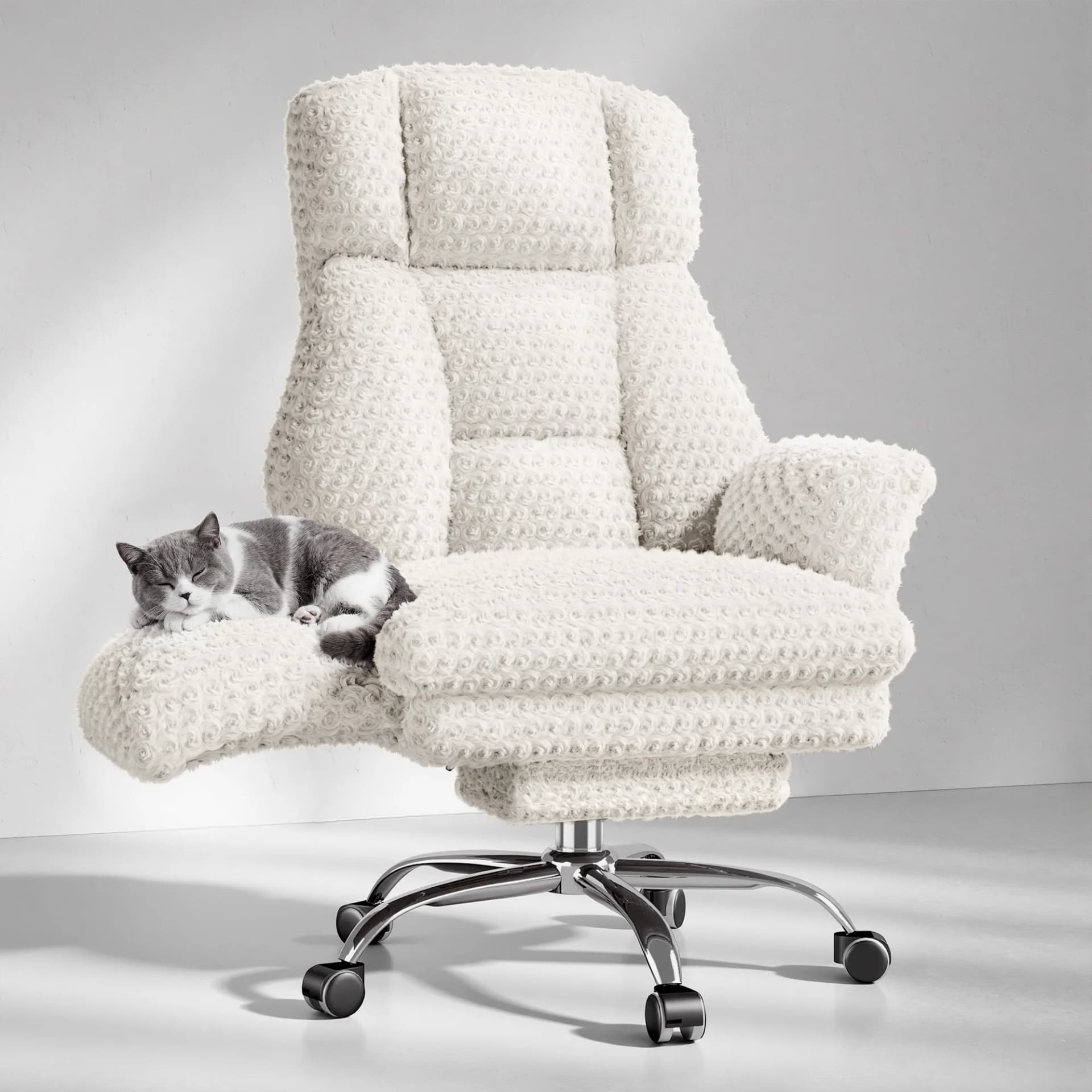 Patbrela Comfortable Office Chair with Footrest 135° for Home Office Rose Velvet White Soft Armrests and Wide Seat for Work,Extra Wide Seat for Tailoring, Reading and Relaxing