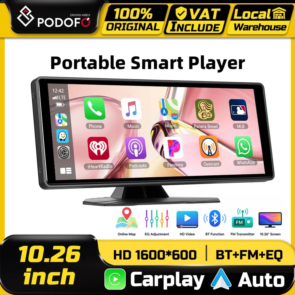 Podofo 10.26" Dashboard Car Monitor Portable Smart Screen Player Support Wireless CarPlay Android Auto Dashboard Car DVR Video Recorder BT FM EQ