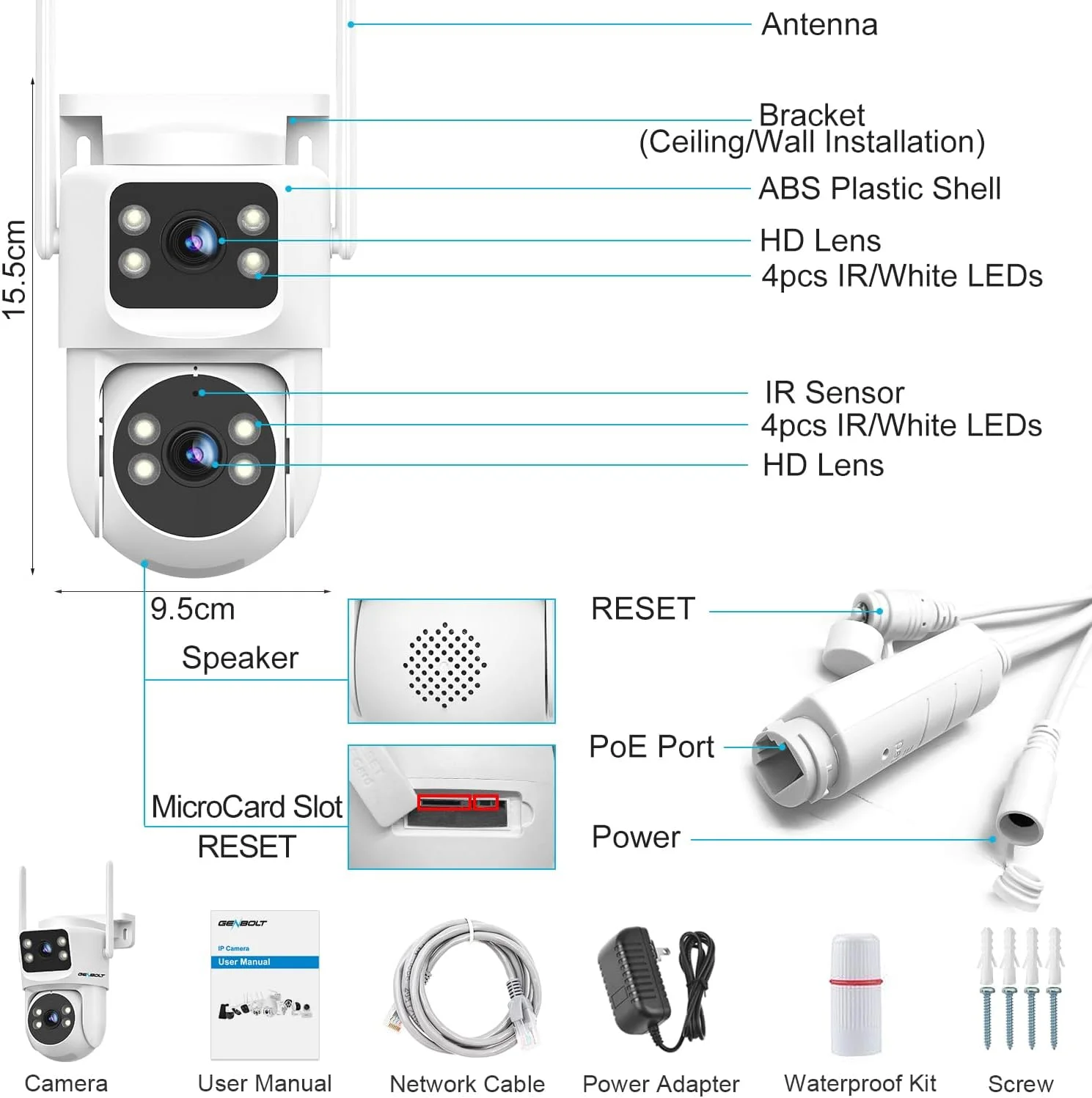 GENBOLT PTZ WiFi Security Camera Outdoor, CCTV Camera with Dual View, Lens Home Surveillance IP Camera with Color Night