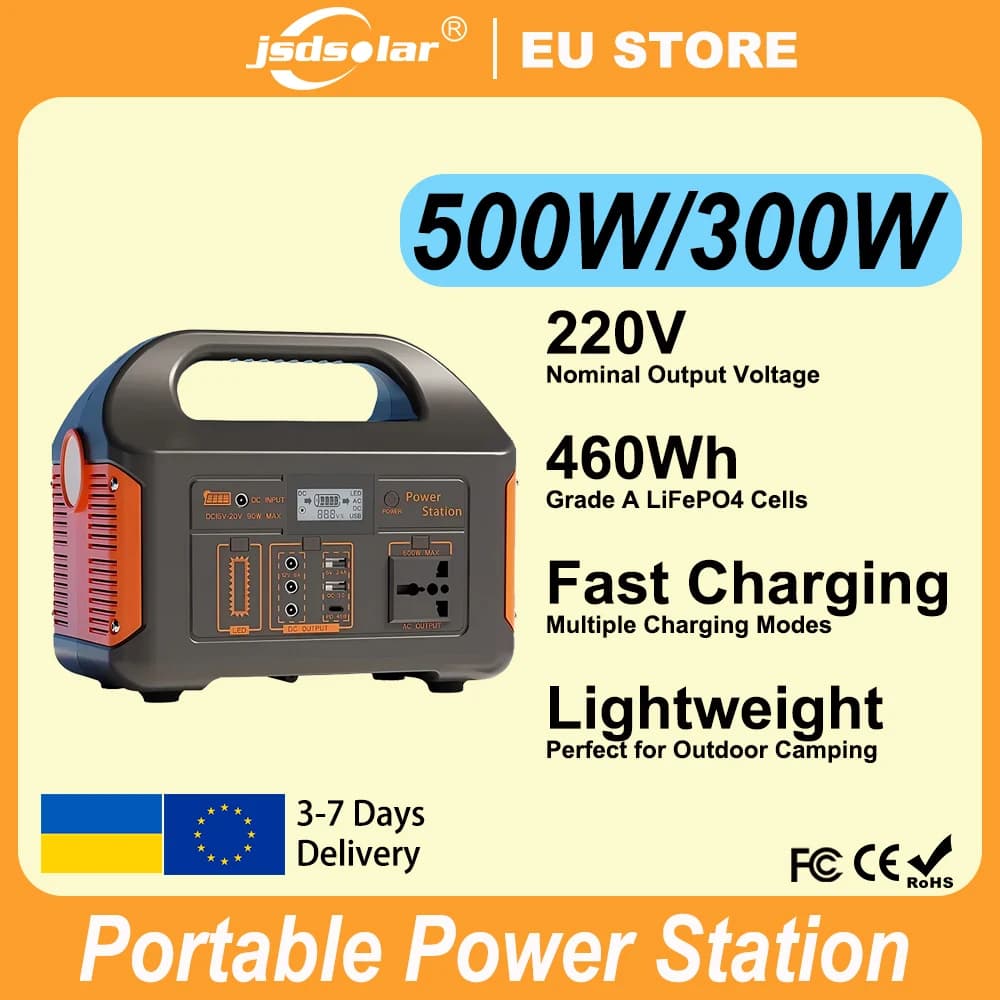 Portable Solar Power Station 500W 460Wh 300W External Battery LiFePO4 220V EU BMS Power Storage System Power Bank Charger UPS