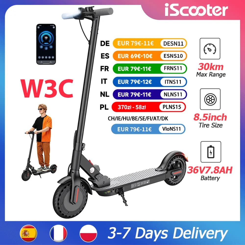 W3C EU 8.5-inch electric scooter, 36 V battery with a range of 22–30 km, rear-wheel drive, pneumatic tires, rear-hub electric brake