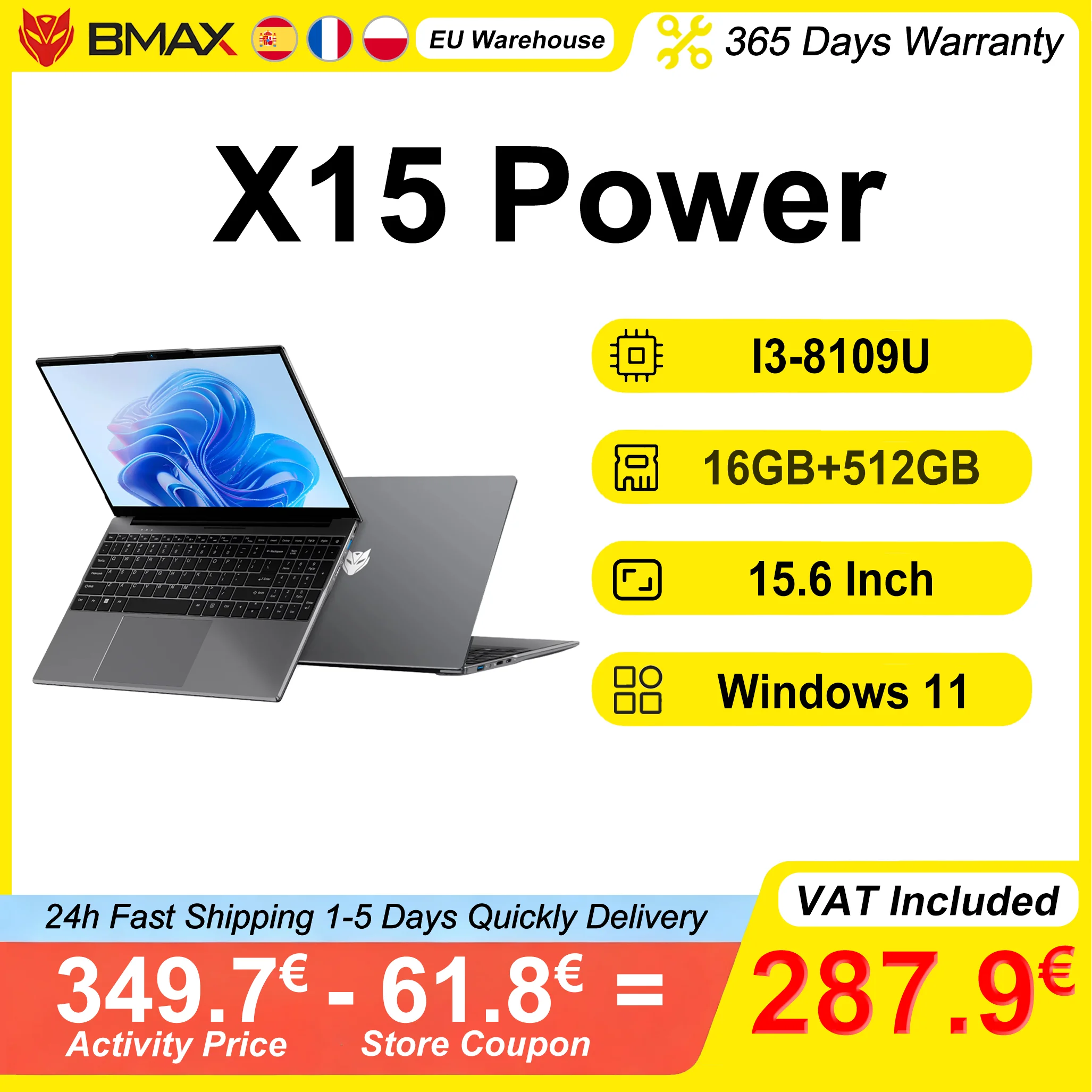 BMAX X15 Power Laptop 15.6 Inch 16GB RAM 512GB SSD Intel I3-8109U Windows 11 Notebook 1920*1080 HDMI Wifi USB PC