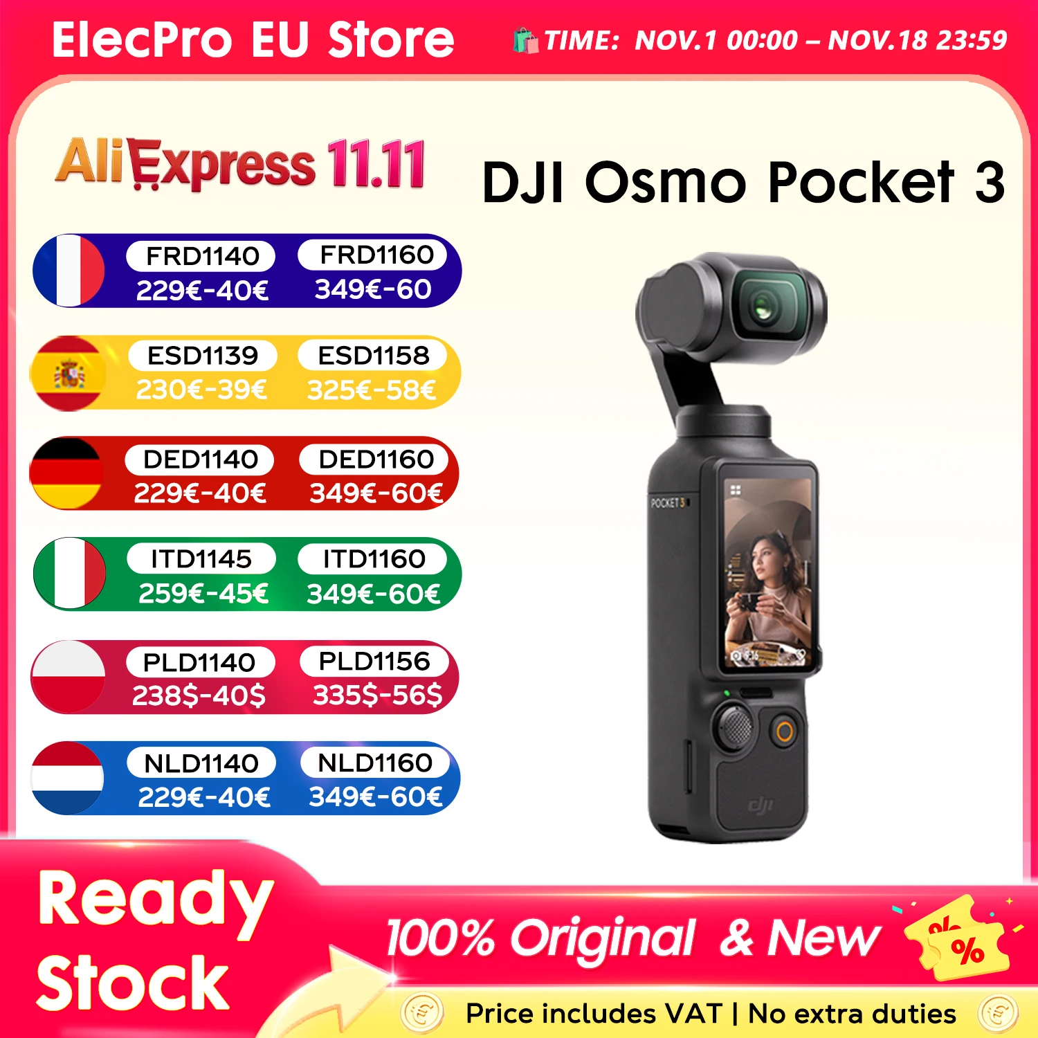 DJI Osmo Pocket 3 Portable Handheld 3-Axis Gimbal Stabilizer Camera 4K60FPS 1 Inch CMOS 2X Zoom Vlog Video Camera for Outdoor Travel Live Streaming Pocket 3