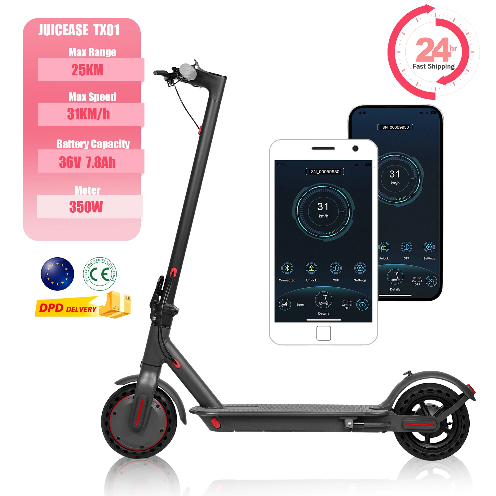 2026 New JUICEASE TX01 Electric Scooter Powerful Motor 36V7.8Ah 25KM Long Range High Speed 25°Climbing 8.5Inch Tires with APP Foldable Adult Kick EScooter AOVOPRO App
