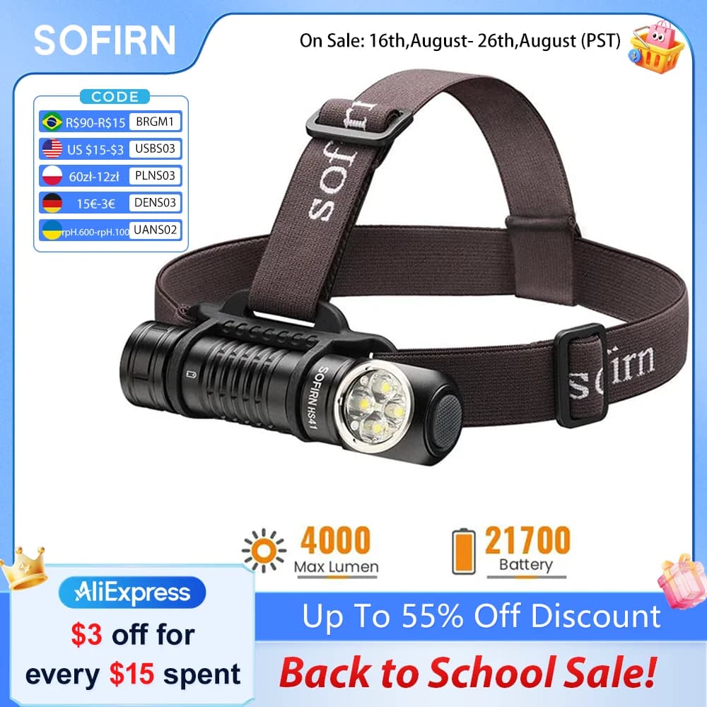 SOFIRN HS41 Headlamp 4000lm 21700 USB C Rechargeable with SST20 LED Torch Indicator with Magnetic Tail Flashlight