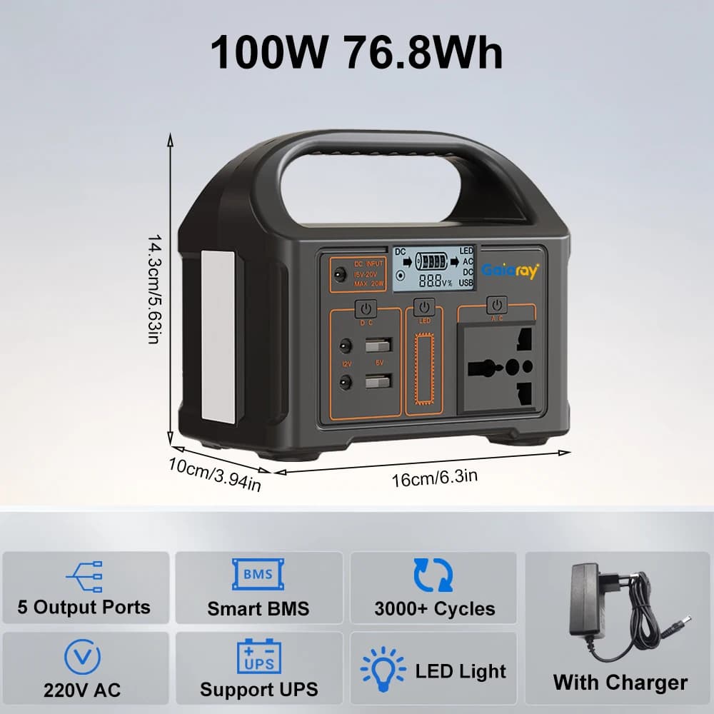 Gaiaray Portable Power Plant 100W 200W 500W LiFePO4 Battery 460.8 Wh Backup UPS AC 220V Generator Solar Power Plant Light LED Mobile Power Bank For Home Camping Emergency Power Supply