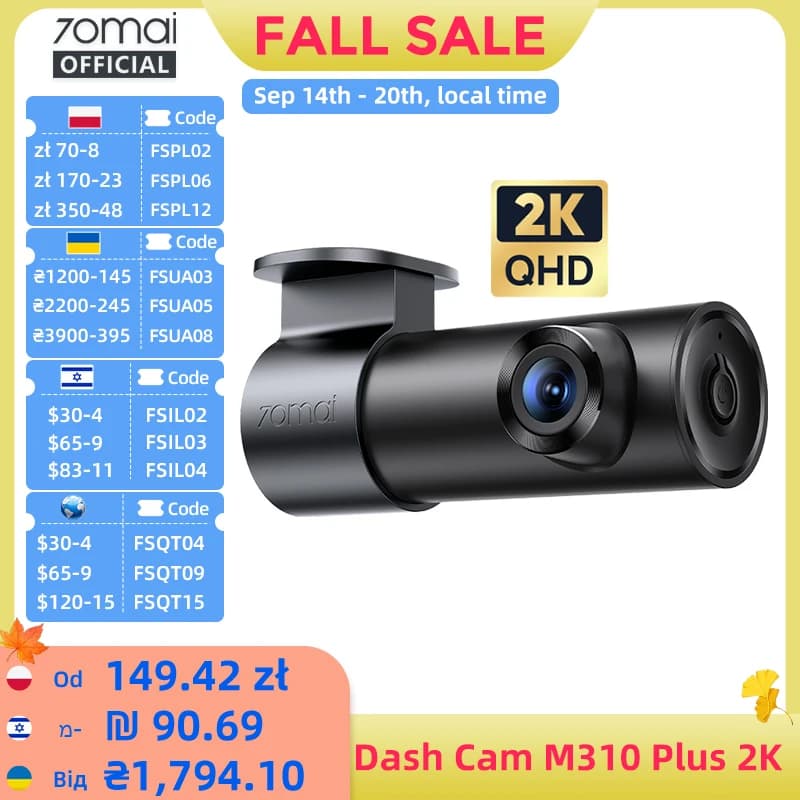 70mai M310 Plus 2K Dash Cam 1440P 143° FOV Night Vision Smart Voice Control 24H Parking Guard Car DVR Camera Mini Easy Install
