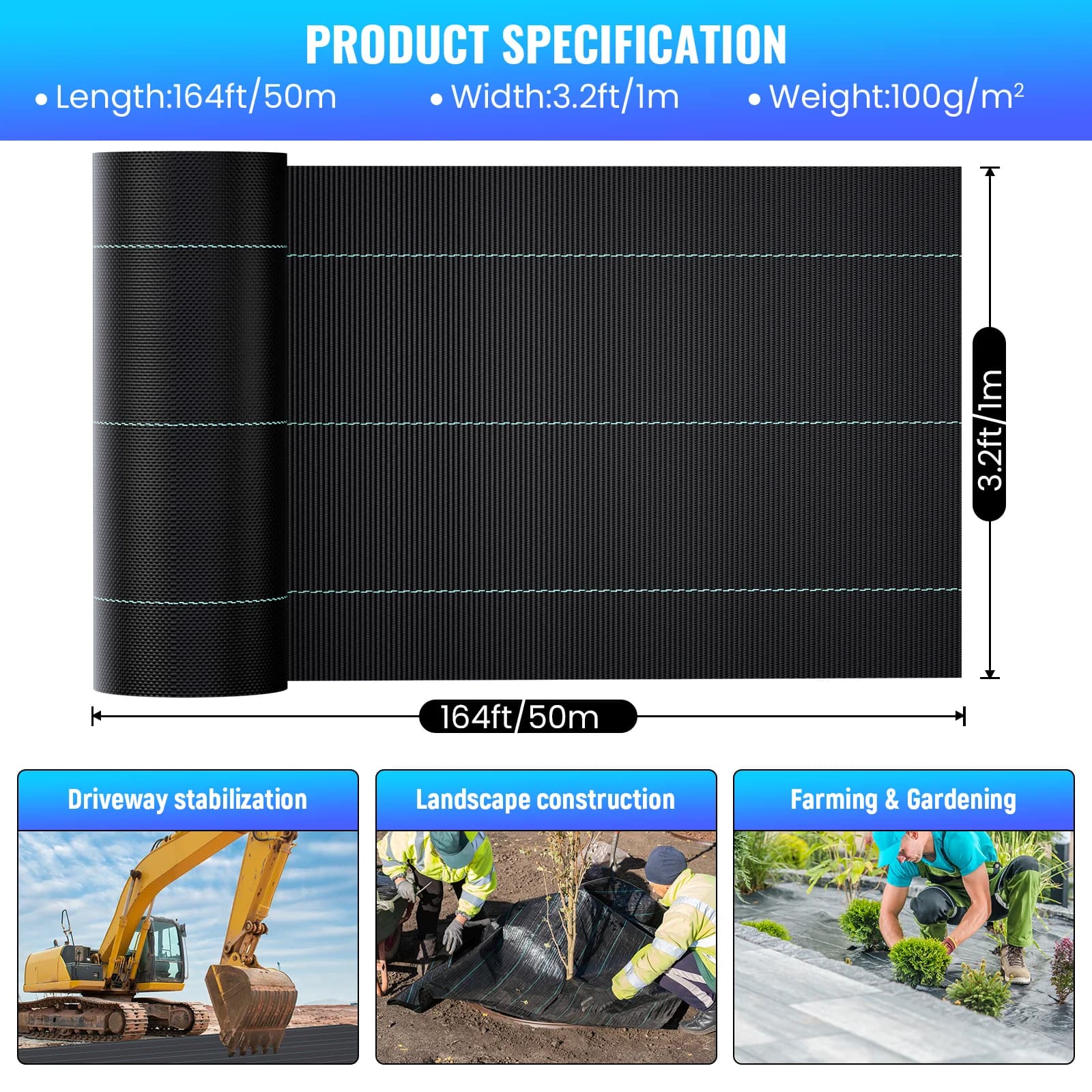 2x100m Weed Barrier Landscape factory, 100g/m², Permeable Woven Polypropylene, UV Resistant, Anti-Weed, Heavy Duty