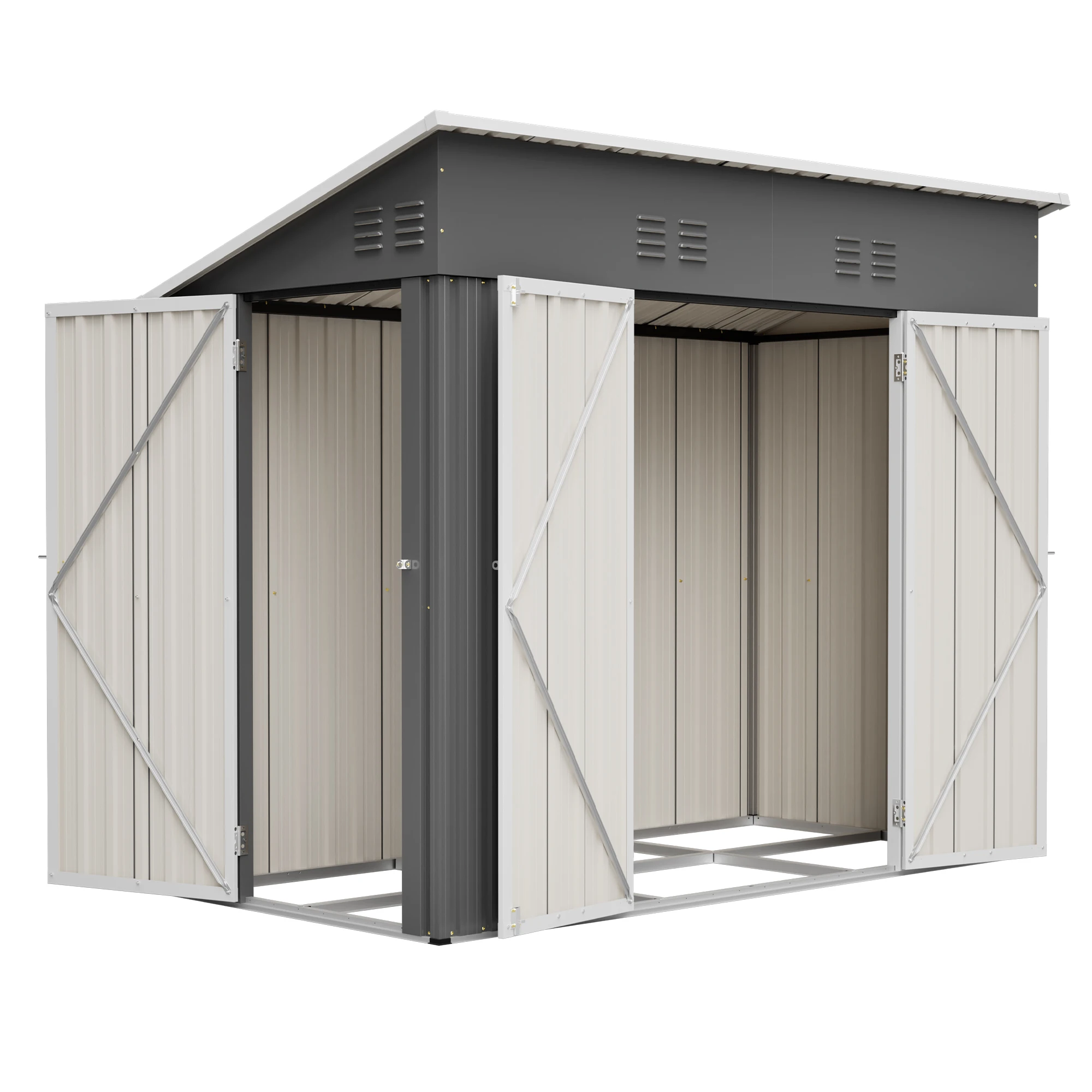 229×111×192cm Outdoor Metal garden Storage Shed with metal floor frame, Large Capacity Backyard Tool House With Double Lockable Doors and side door, Sloped Roof, Waterproof And Rustproof Steel Frame