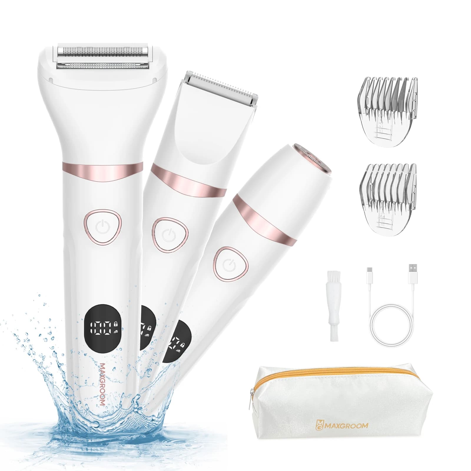 MAXGROOM 3 in 1 Body Hair Trimmer Kit for Woman Bikini Hair Shaver Facial Trimmer Electric IPX6 Waterproof Pubic Hair Shaver