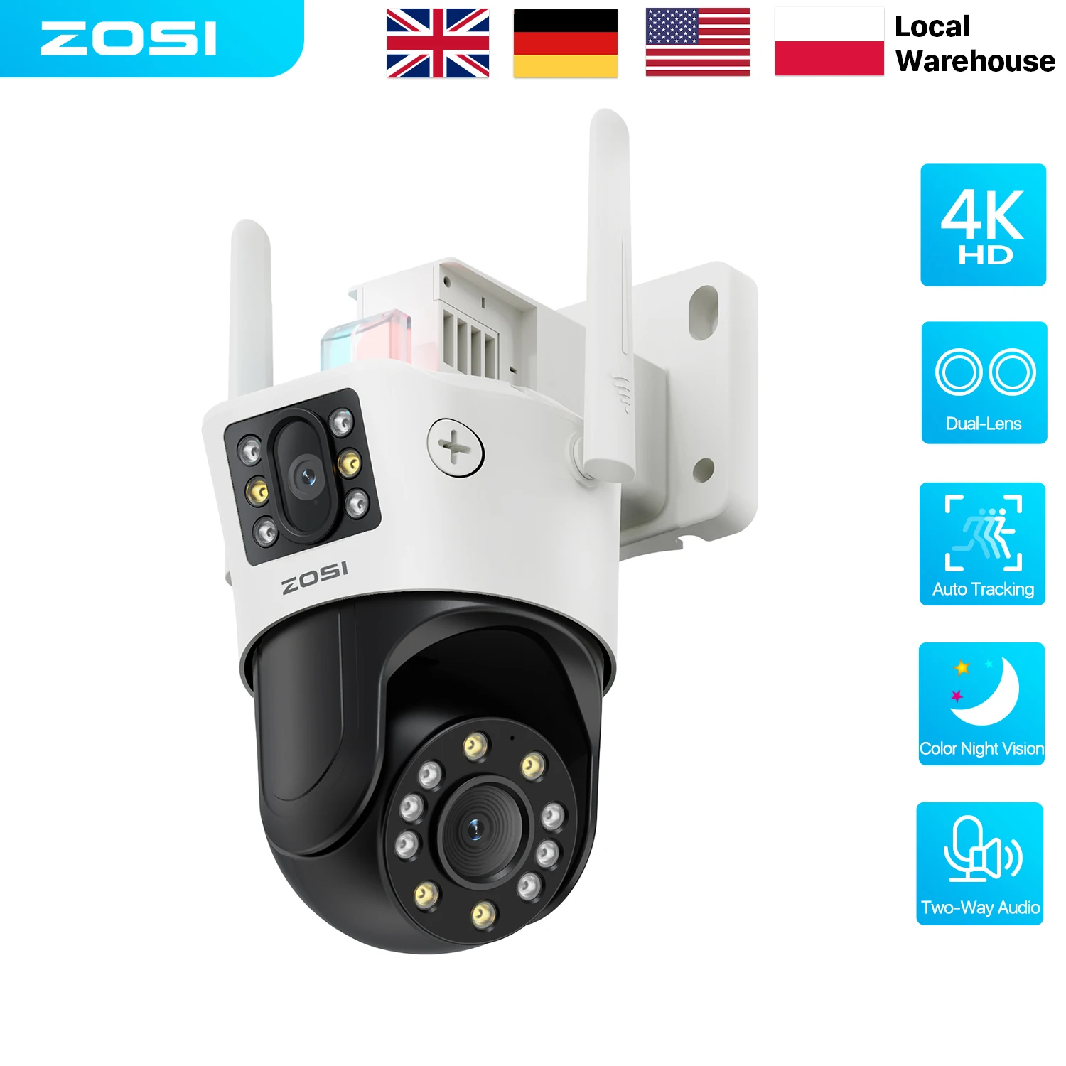 ZOSI C298 8MP/4MP Dual-Lens Wired WiFi PTZ Security Camera Outdoor Wide Angle 8X Hybrid Zoom AI Detection 360 Surveillane Camera