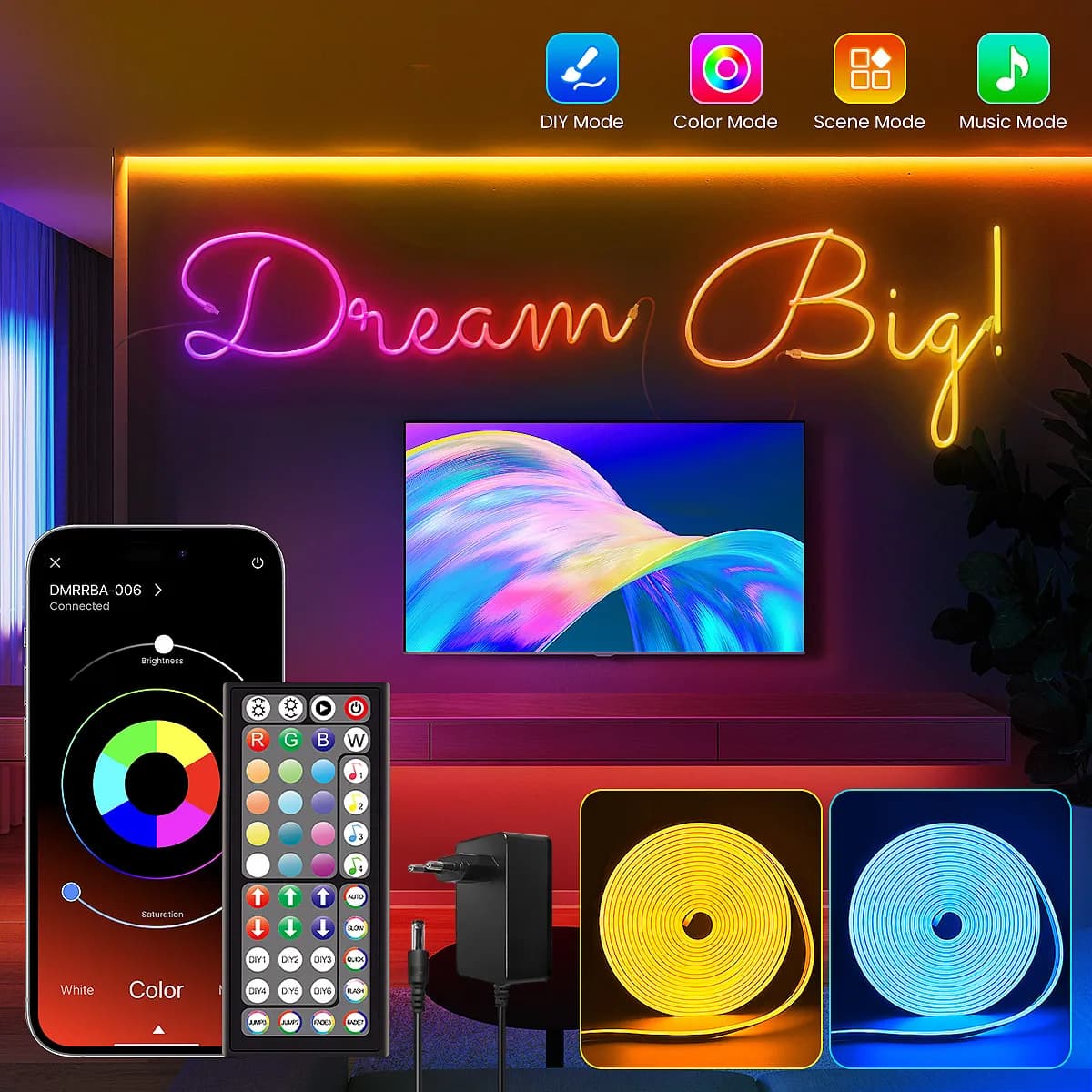 RGB Flexible Music Sync Neon LED Strips with App/Remote, Multiple Modes, DIY Design, IP65 Waterproof Music Sync Outdoor for Room