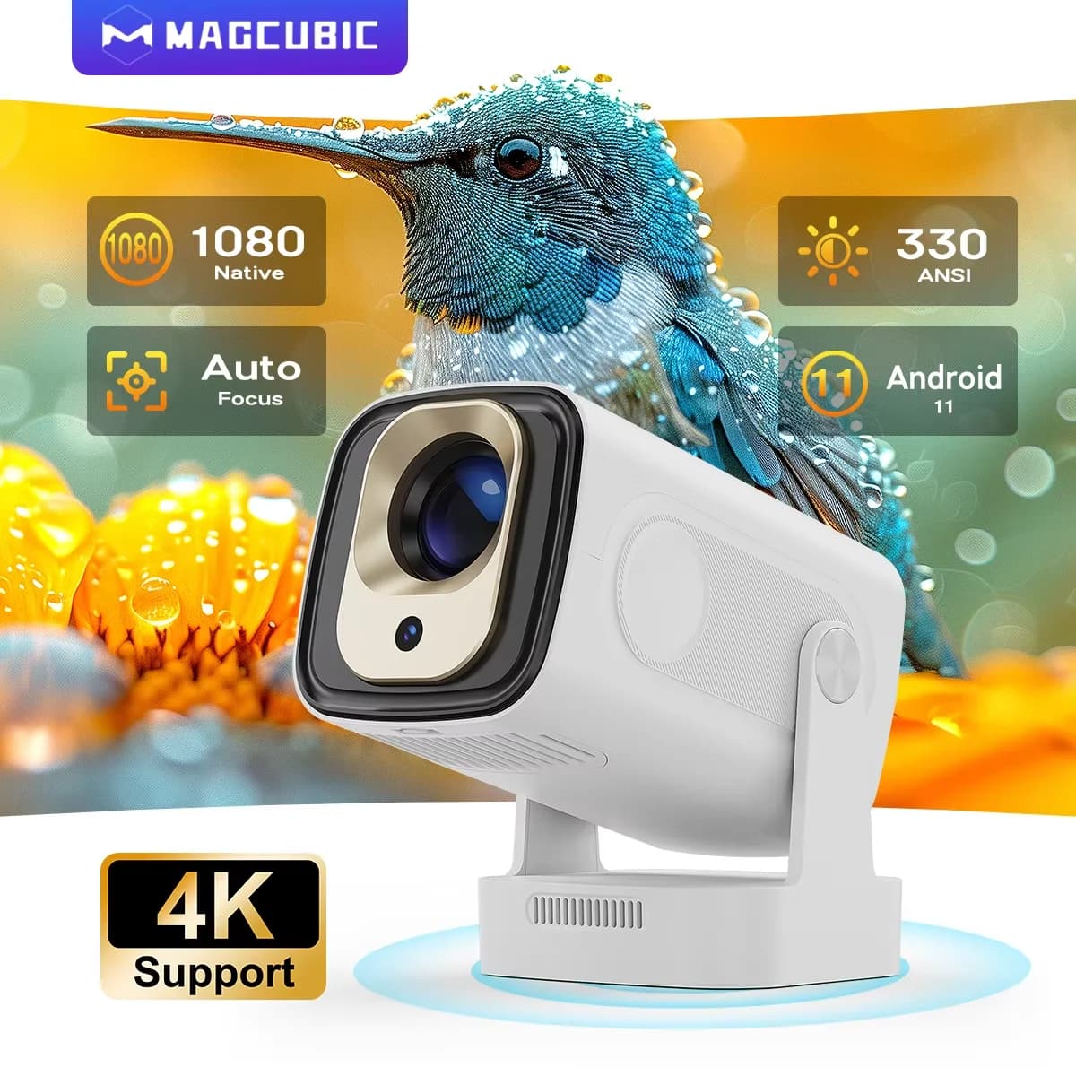 Magcubic 330ANSI 1080P Android 11 HY310 Auto Focus 4K HD Mini Projector Portable Cinema 5W Speaker Air Mouse Voice Control HY300