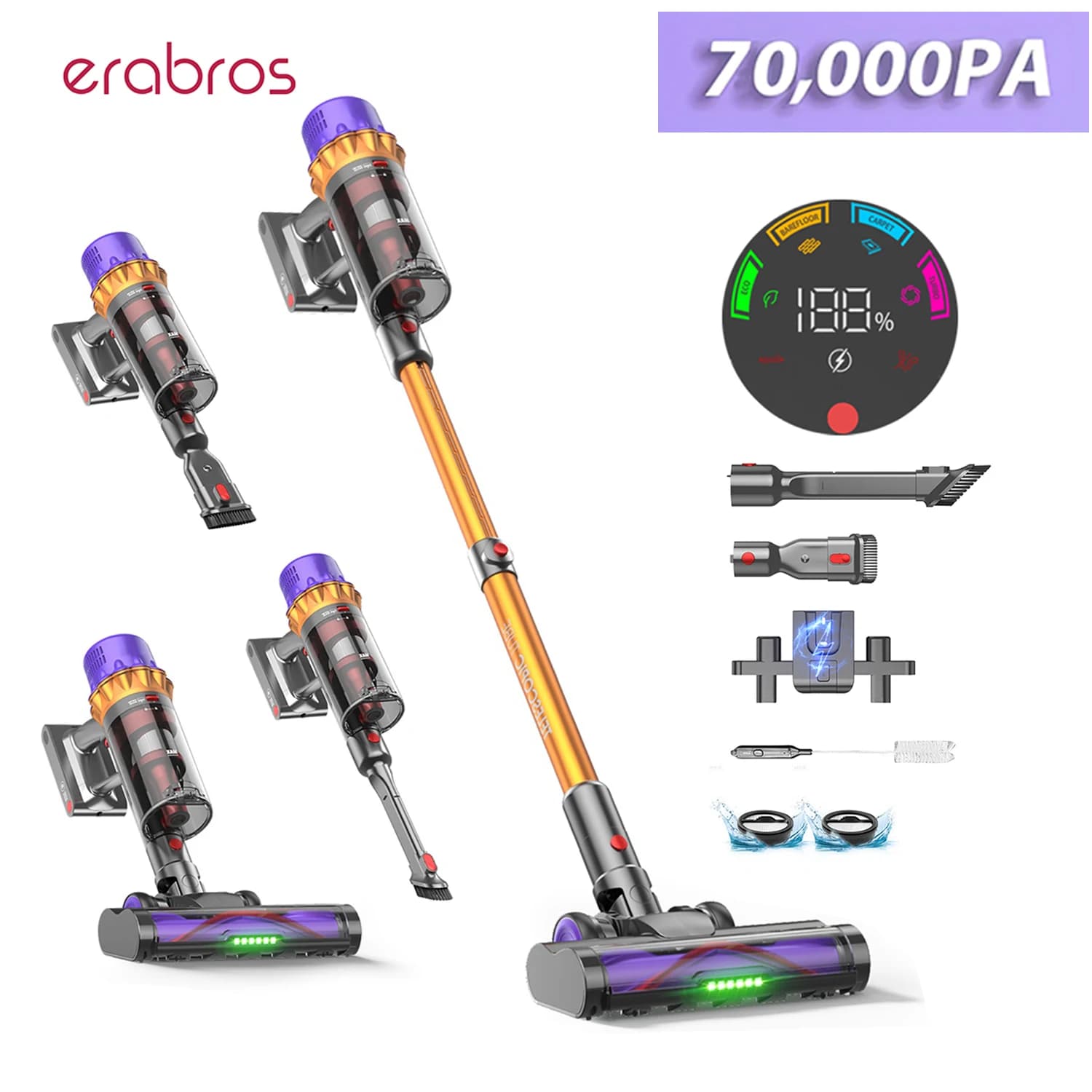 Erabros EV5 550W Cordless Vacuum Cleaner, 70kPa Powerful Suction, 80Mins Runtime, Removable Battery, LED Display, 1.5L Dust Bin,Handheld Vertical Vacuum for Home Floor Carpet Pet Car Clean