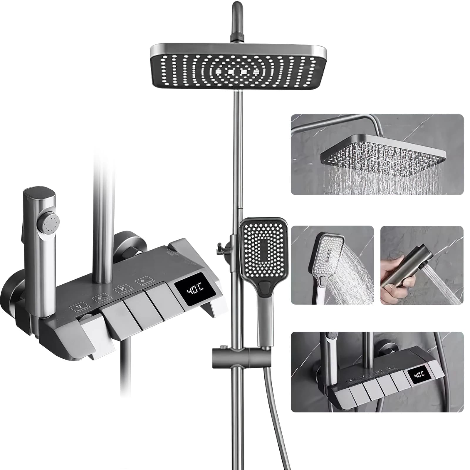 Bathroom Shower System Smart Digital Display Shower Faucet Set Piano Style Rainlfall Bathroom System Tap Bidet Shower Grey